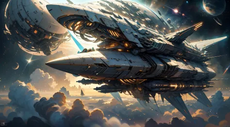A futuristic hypersonic giant spaceship flying in the deep space, warship that ressembles to a concorde of a very far futur, a f...