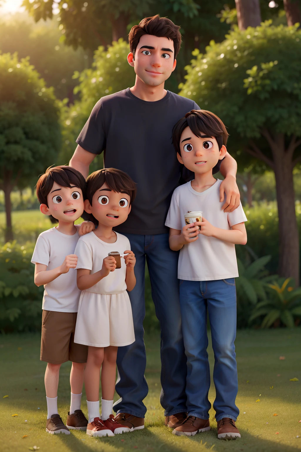 Family containing a white man with black hair and stubble, a  boy with light brown hair and brown eyes, a woman with black hair and brown eyes, and a teenage boy with blue eyes and dark brown hair, in a place with trees is Sun