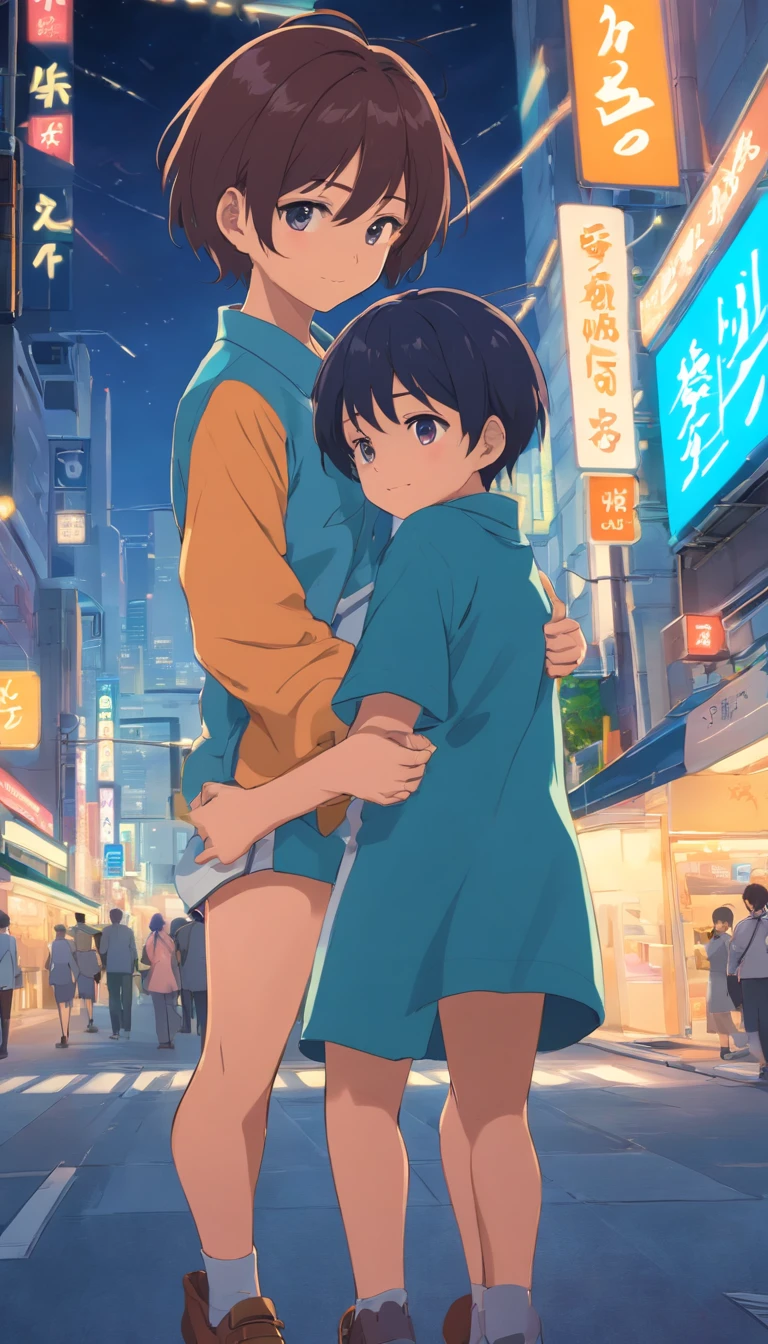 A couple of anime characters hugging in the middle of a city - SeaArt AI