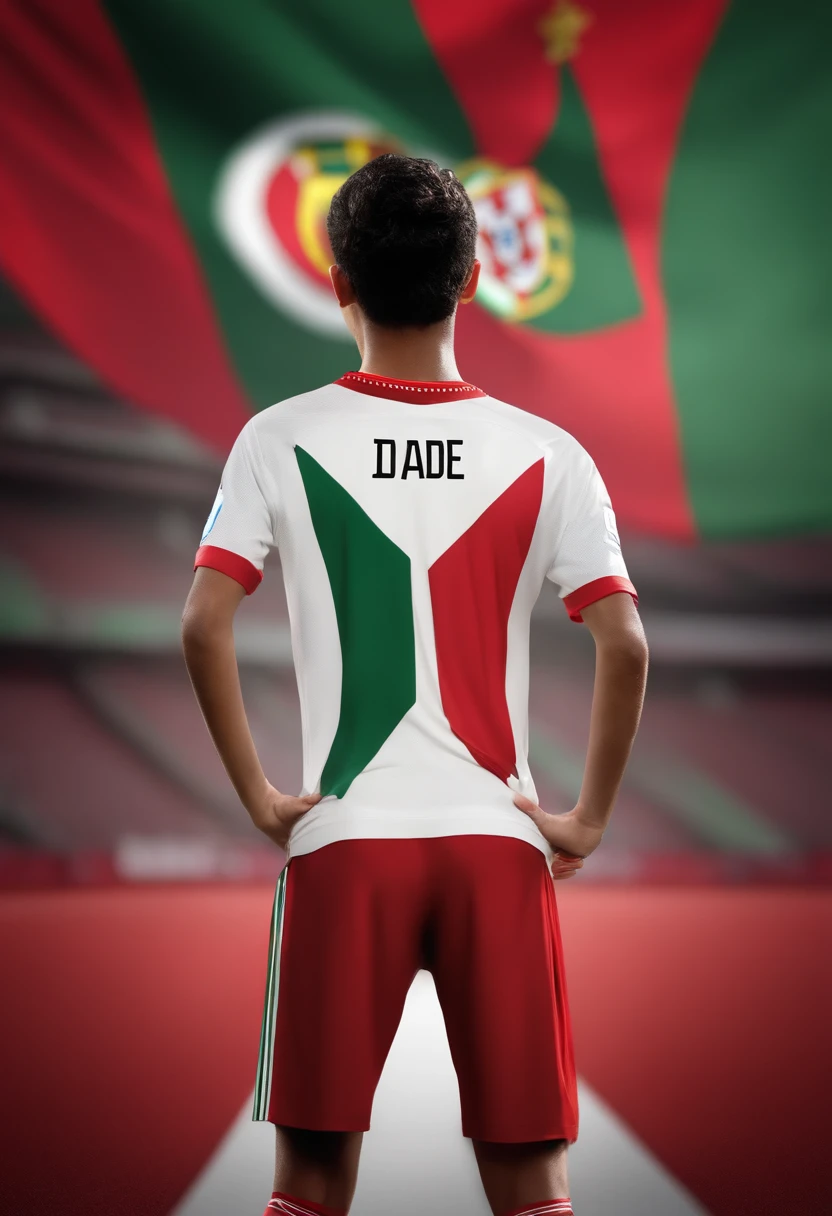 A close up of a soccer player standing in front of a portugal flag - SeaArt  AI