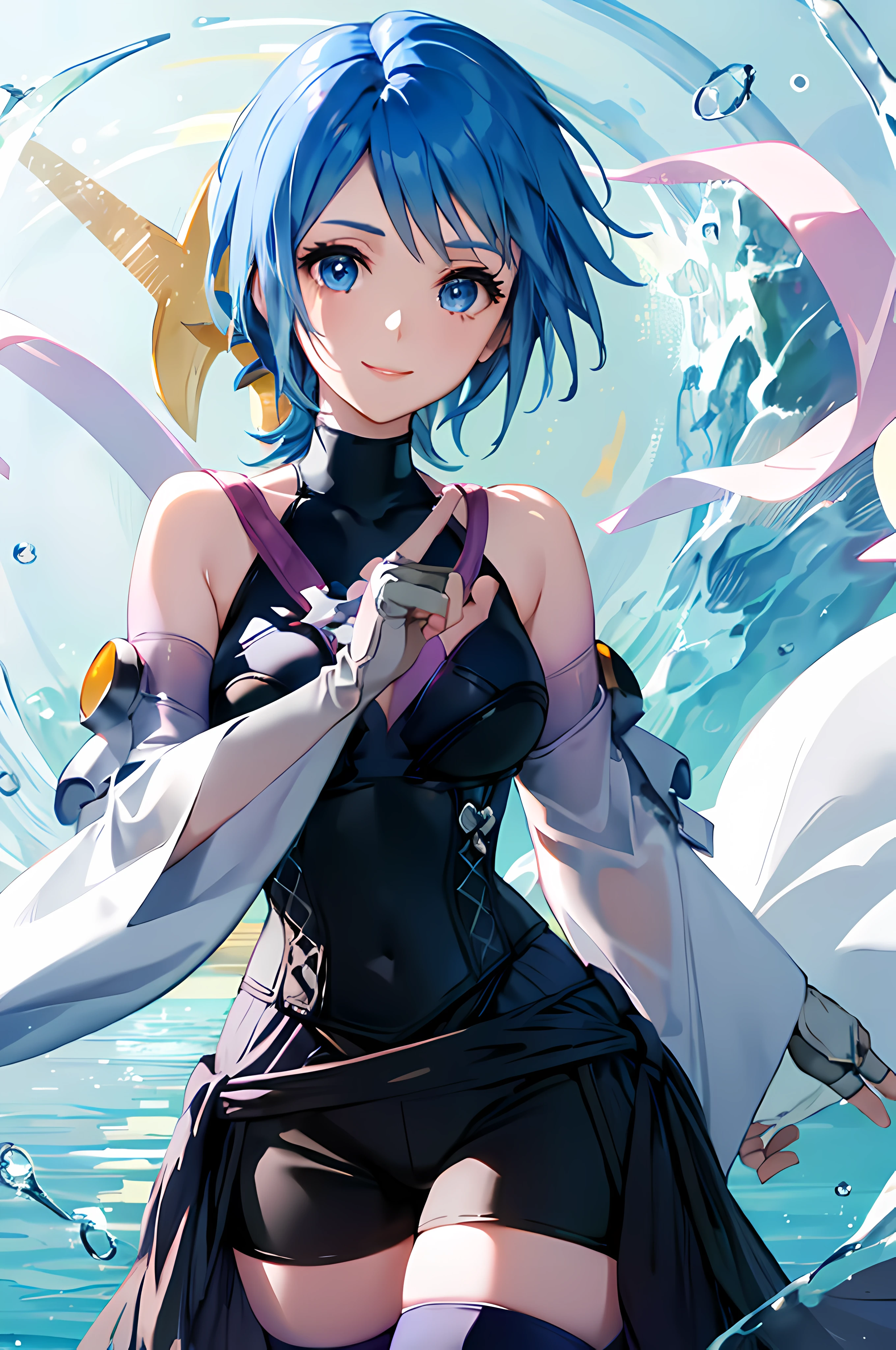 aaaqua, 1girl, absurdres, close up, masterpiece, blue eyes, blue hair, breasts, chest strap, elbow gloves, gloves, pink ribbons, highres, (skirt), (kingdom hearts), looking at viewer, transparent water floor, smile, solo, clear sky, open field, empty background, wide sleeves, medium breasts, detatched sleeves, black shorts , fingerless gloves, light background,  (thighhighs), portrait, view from the front, upper body