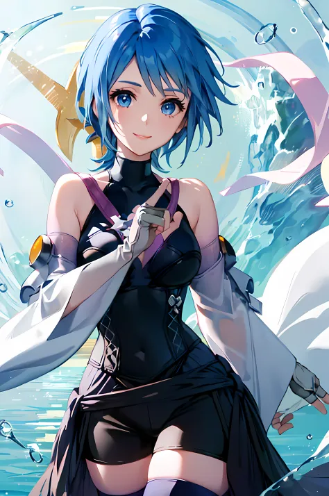 aaaqua, 1girl, absurdres, close up, masterpiece, blue eyes, blue hair, breasts, chest strap, elbow gloves, gloves, pink ribbons,...