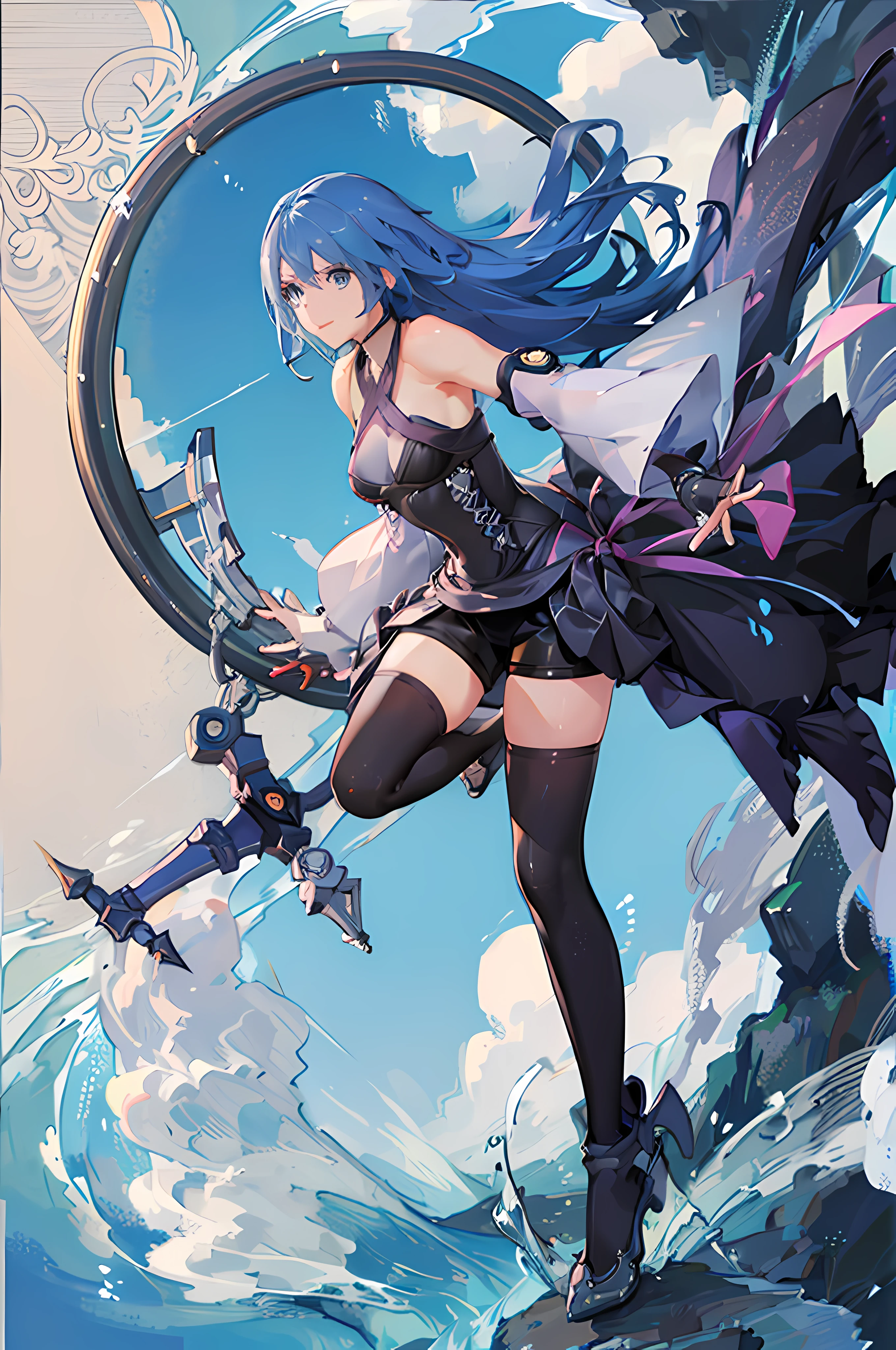 aaaqua, 1girl, absurdres, close up, masterpiece, blue eyes, blue hair, breasts, chest strap, elbow gloves, gloves, pink ribbons, highres, (skirt), (kingdom hearts), looking at viewer, transparent water floor, smile, solo, clear sky, open field, empty background, wide sleeves, medium breasts, detatched sleeves, black shorts , fingerless gloves, light background, (thighhighs), portrait, view from the front, upper body