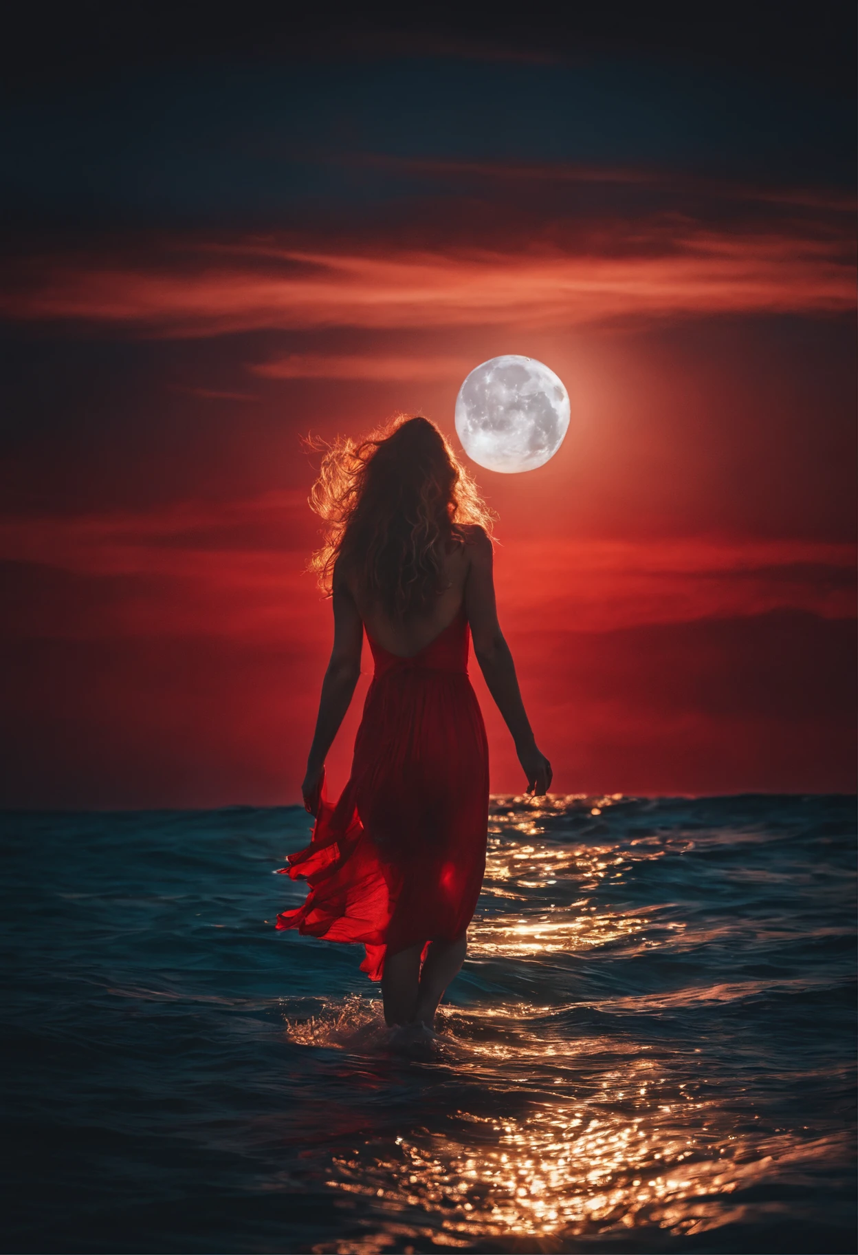 A woman in a red dress walking into the ocean at sunset - SeaArt AI