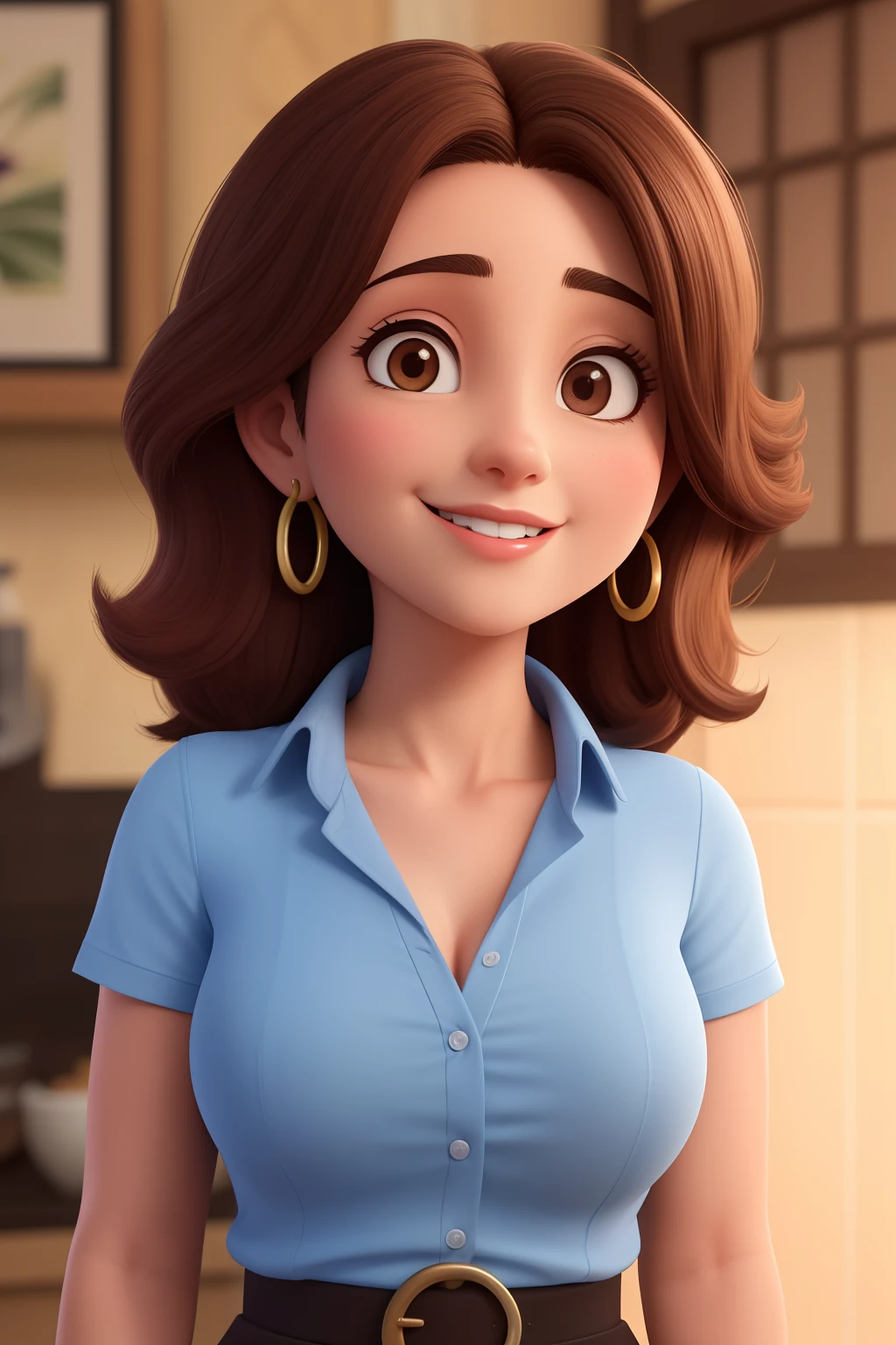 A Woman 30 years old, architect, with medium hair, dark brown, Round face, charmer smile, and brown, slightly slanted eyes, brunette skin, wearing a shirt and working.