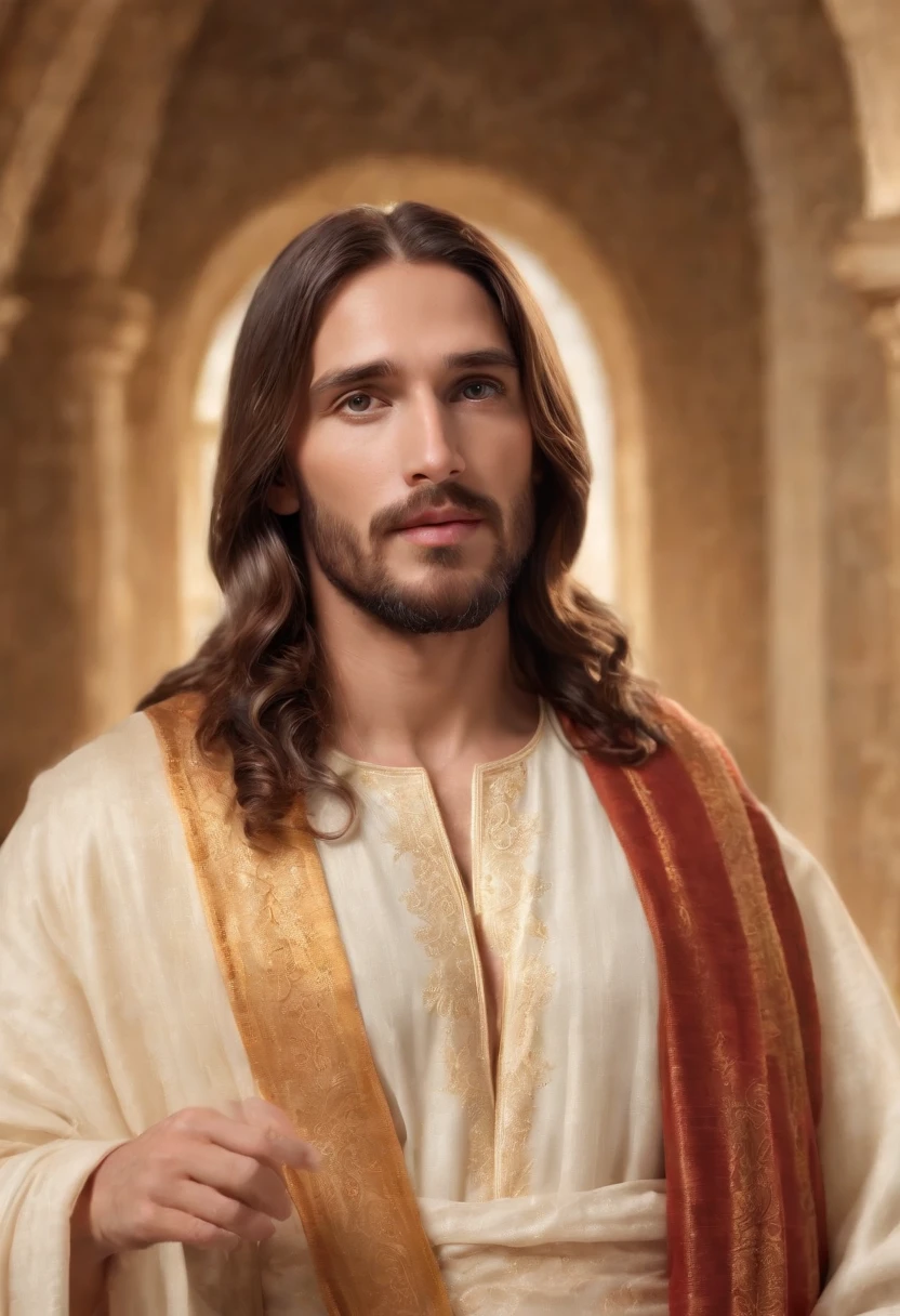 jesus chirst(high quality,hdr,8k:1.2),ultra-detailed,(realistic,photorealistic,photo-realistic:1.37),a full body, staring directly at the camera, breathtaking eyes, majestic presence, divine atmosphere, flowing long hair, bearded face, compassionate smile, intricate golden halo, calm and peaceful expression, soft and gentle lighting, vibrant colors, fine brushstrokes, translucent drapery, ornate robes, sacred aura, ethereal background, divine radiance, solemn and spiritual ambiance, iconic and iconic depiction