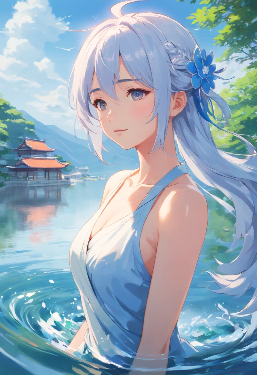 ((Masterpiece,Best quality)),(1girll, 独奏:1.4),Beautiful and delicate eyes，floated hair，white backgrounid，Water made up of girls，Gorgeous Chinese costumes,clean backdrop，National tide wind，​​clouds，Water Technique，1girll，florals，An oriental dragon composed of water，Works of masters，HighestQuali，high detal，8k , white hair , closing her eyes