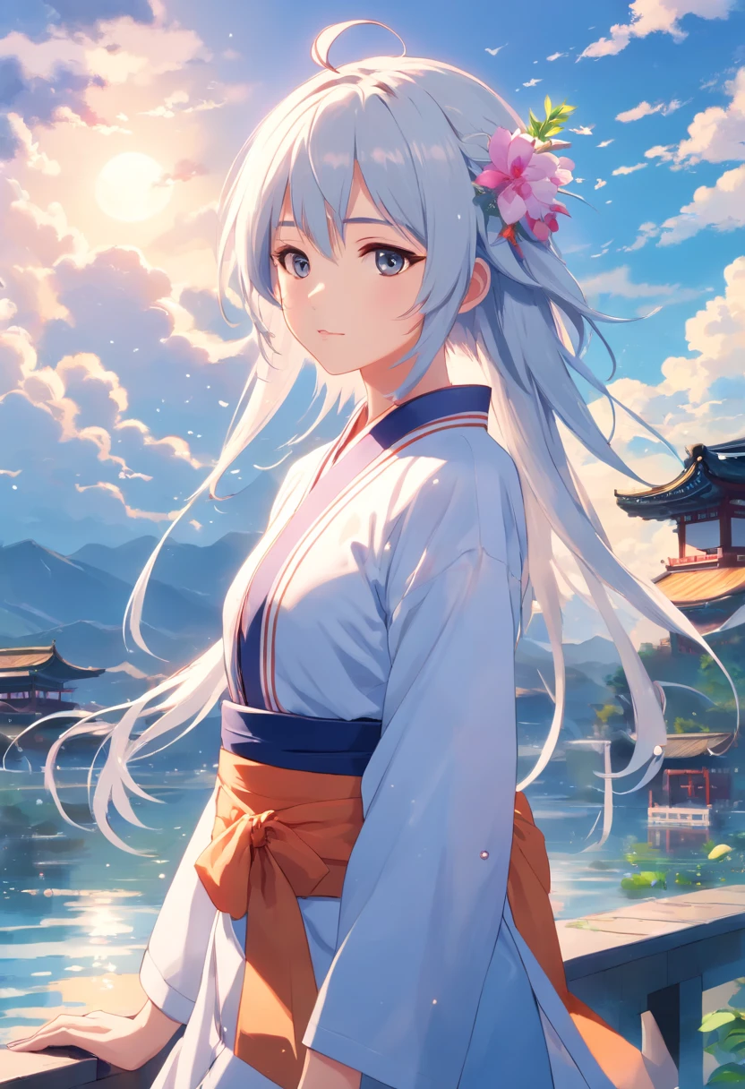 ((Masterpiece,Best quality)),(1girll, 独奏:1.4),Beautiful and delicate eyes，closed eyes , floated hair，white backgrounid，Water made up of girls，Gorgeous Chinese costumes,clean backdrop，National tide wind，​​clouds，Water Technique，1girll，florals，An oriental dragon composed of water，Works of masters，HighestQuali，high detal，8k , white hair ,