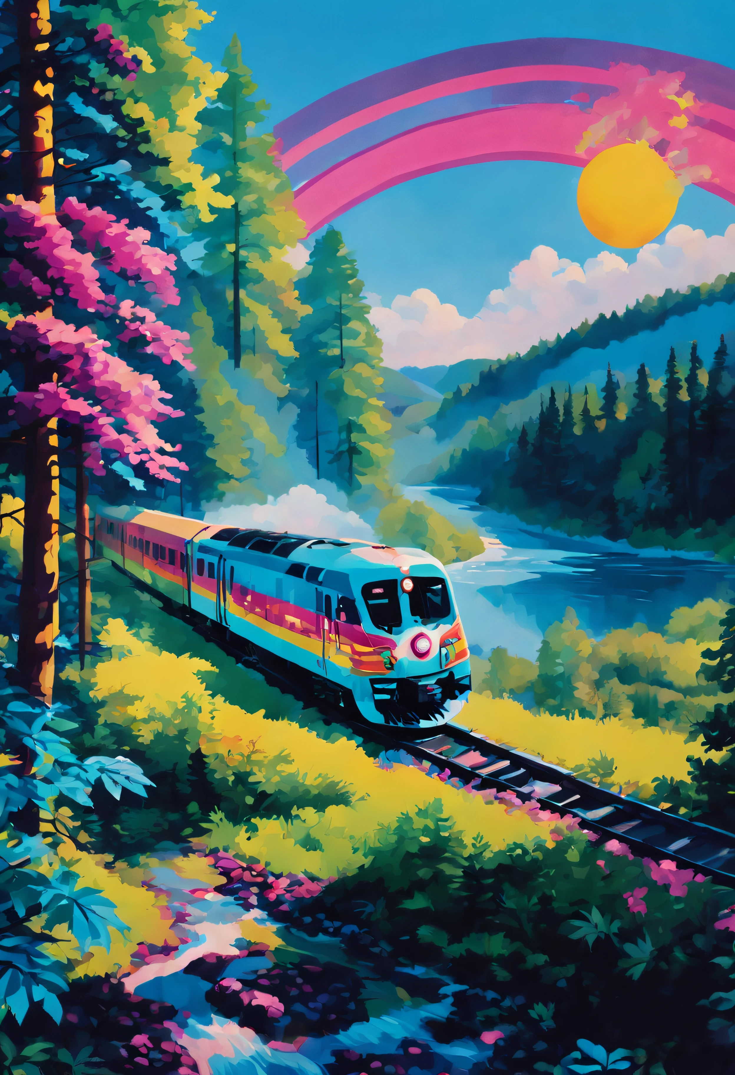 neon style, A train is moving through a forest. The train is surrounded by trees. The sky is blue and the sun is shining. There is a river in the background.