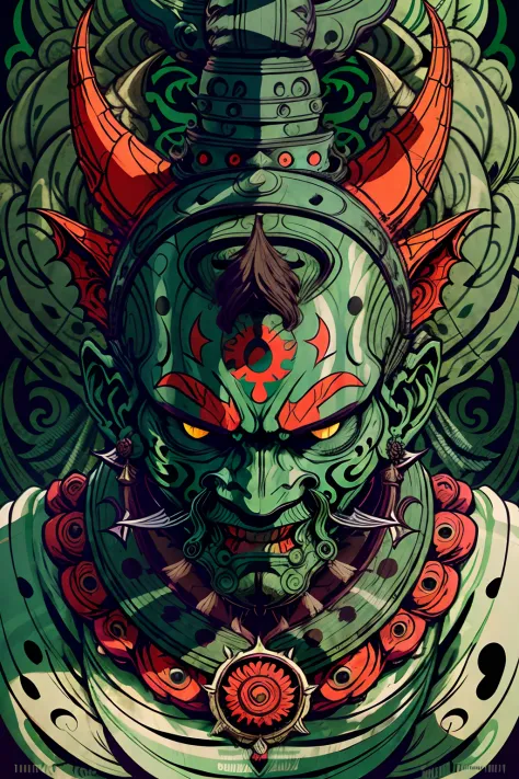 Portrait green mask, illustrator, vector illustration, masterpiece, high quality, 8k, high resolution, high detail, Hinduism, mahakali , (panru: 1.2), horror, evil, close-up, facing the audience, Hinduism pattern background, green demon