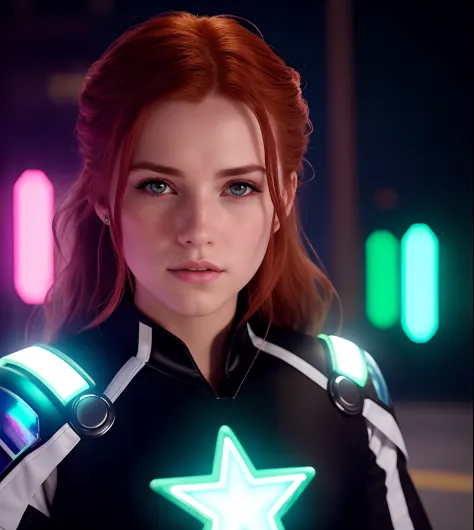 a red-haired girl floating with iridescent powers and neon glows around her wearing a black uniform, roxo e branco com raios ele...