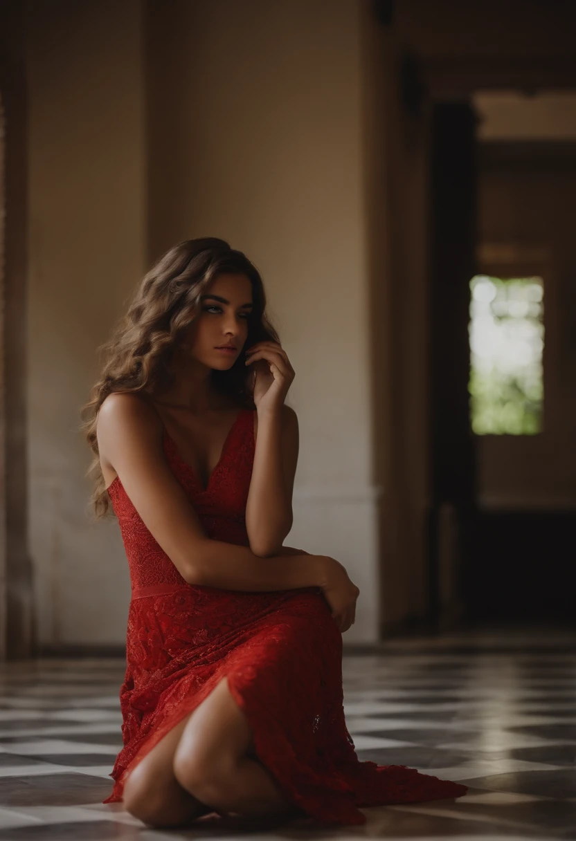 A woman in a red dress sitting on a checkered floor - SeaArt AI