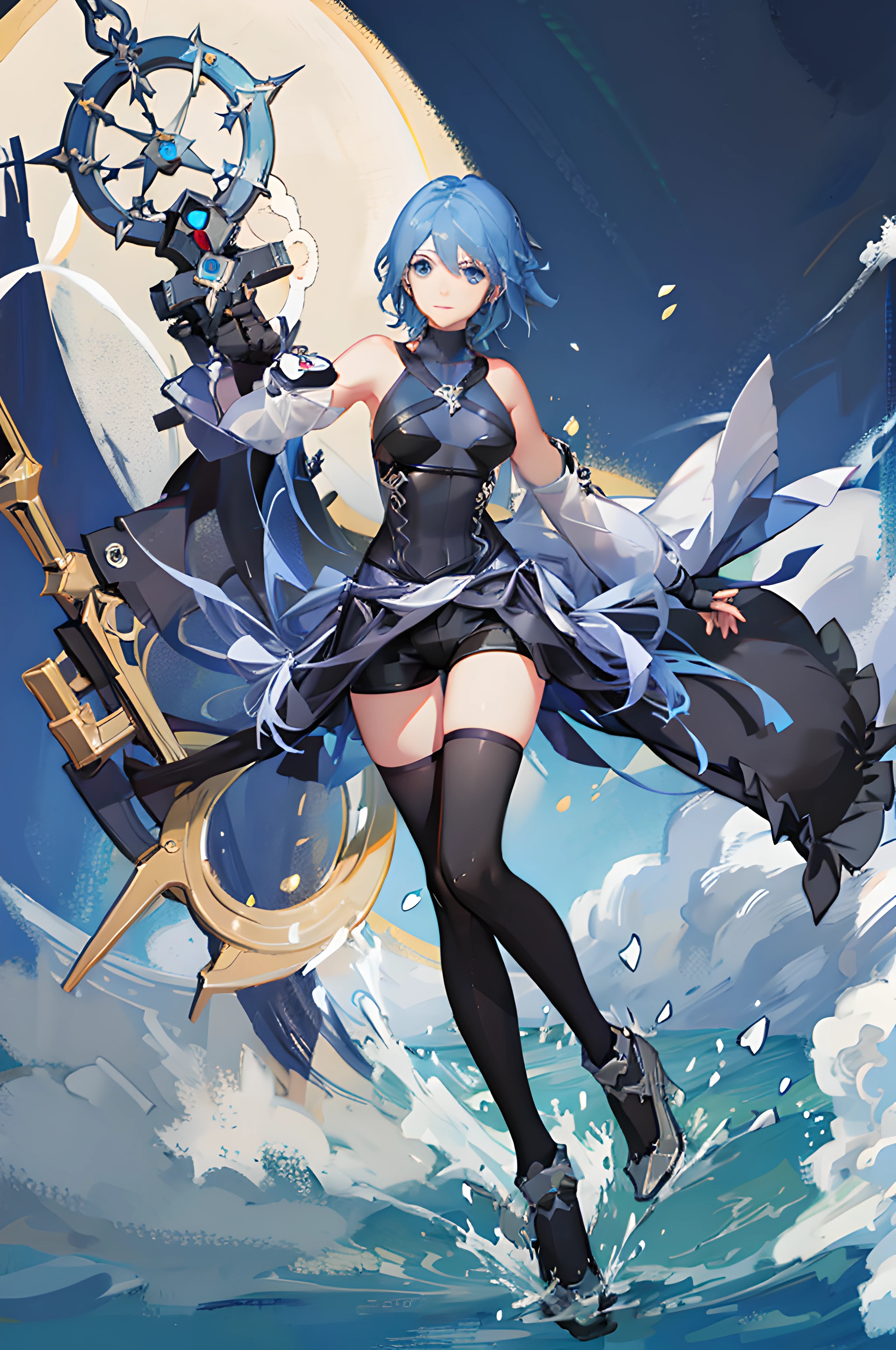 aaaqua, 1girl, absurdres, close up, portrait, view from the front, upper body, masterpiece, blue eyes, blue hair, breasts, chest strap, elbow gloves, gloves, highres, (skirt), (kingdom hearts), looking at viewer, transparent water floor, smile, solo, clear sky, open field, empty background, wide sleeves, medium breasts, detatched sleeves, black shorts , fingerless gloves, light background, (thighhighs)