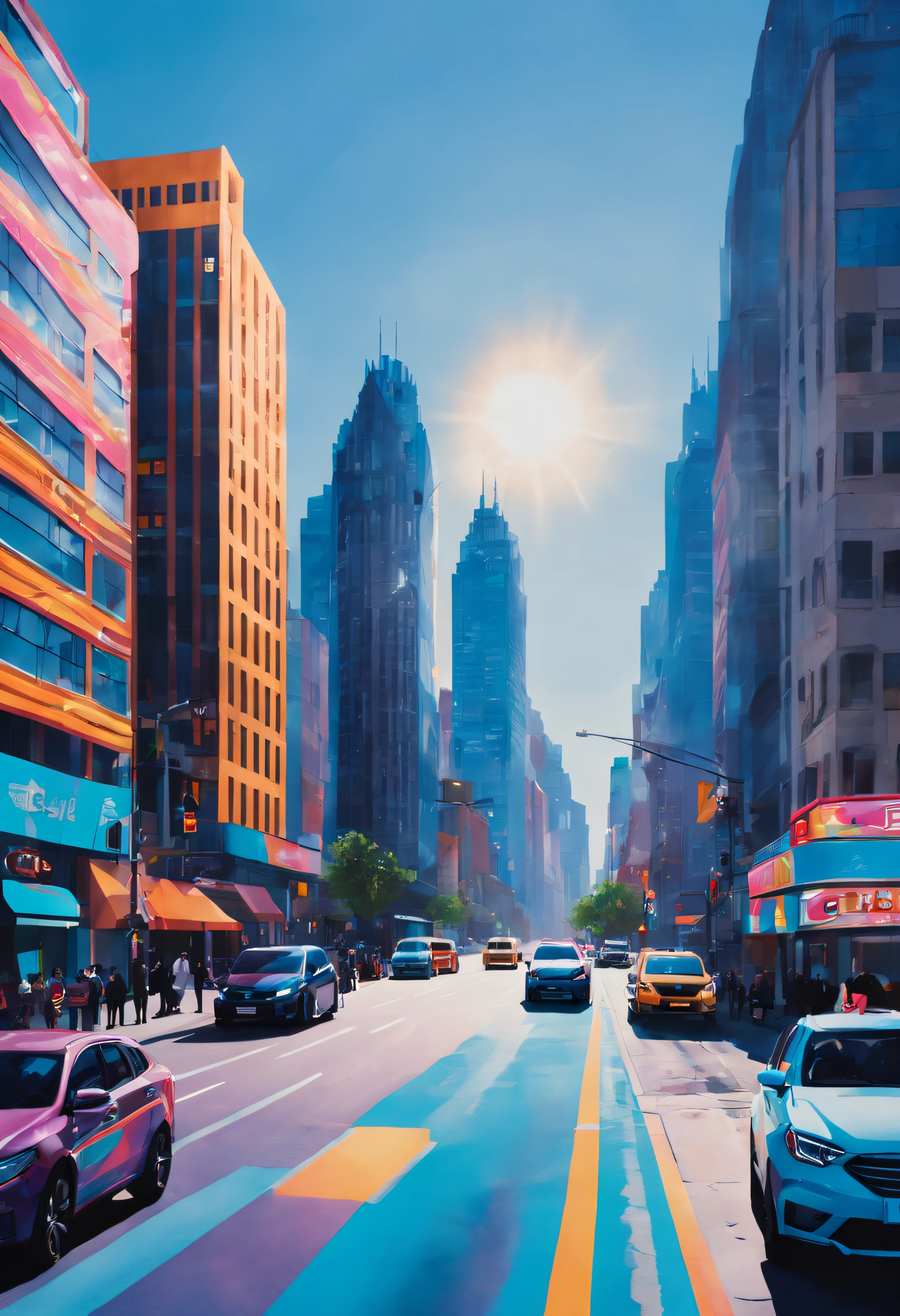 A street view of a bustling city with tall buildings and people walking. There are cars and buses driving by. The sky is blue and the sun is shining., neon style