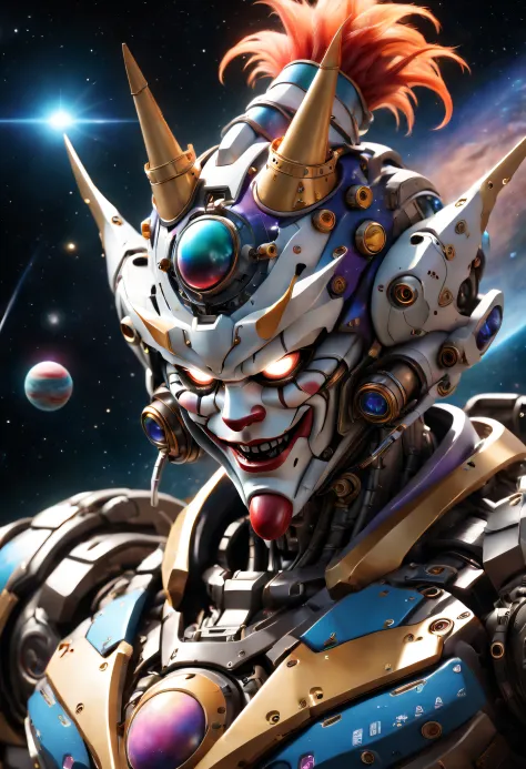 （（tmasterpiece，best qualtiy）），Beautiful 8K Ultra HD professional photos, Sharp focus, In a stunning fantasy world, A mecha wearing a clown mask，Mechanical joints，Large mechanical robot structure，anatomy correct，Interstellar，Endless space，ssee-through，depth...