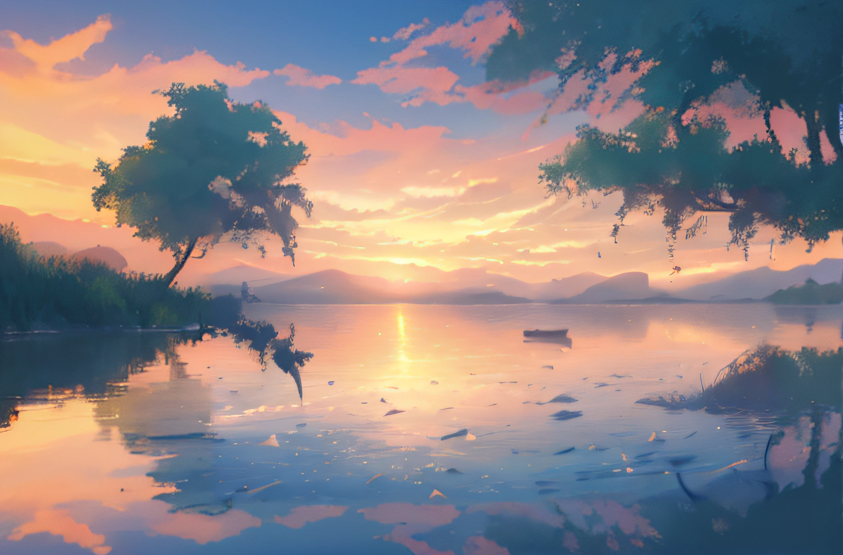 (best quality,4k,8k,highres,masterpiece:1.2),ultra-detailed,(realistic,photorealistic,photo-realistic:1.37), serene lake, reflection of the setting sun, mesmerizing display of colors, gentle ripples, captivating interplay of light and motion, calm atmosphere, tranquil scenery, vibrant hues, soft rays of sunlight, shimmering water surface, soothing ambiance, serene landscape, peaceful setting, picturesque view, dreamlike beauty, enchanting spectacle, serene atmosphere, radiant sunset hues, tranquil environment, peaceful waters, mesmerizing scene of nature, serene reflections, tranquil ambiance, serene beauty, breathtaking sunset view, calm and tranquil lake, ethereal glow, harmonious colors, gentle waves, serene tranquility, serene sky, serene and peaceful, captivating panorama.