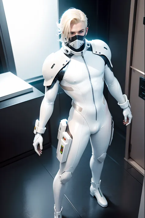 futuristic skin tight white and blue bodysuit with gloves), toned male,  teenager, toned body, hands visible - SeaArt AI