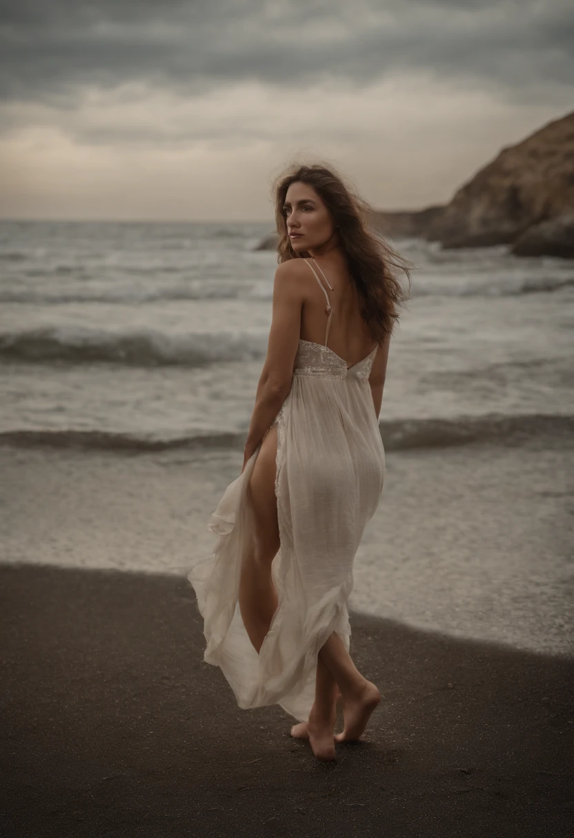 30 Yr Old Hairy Pussy - A woman in a white dress walking on a beach near the ocean - SeaArt AI