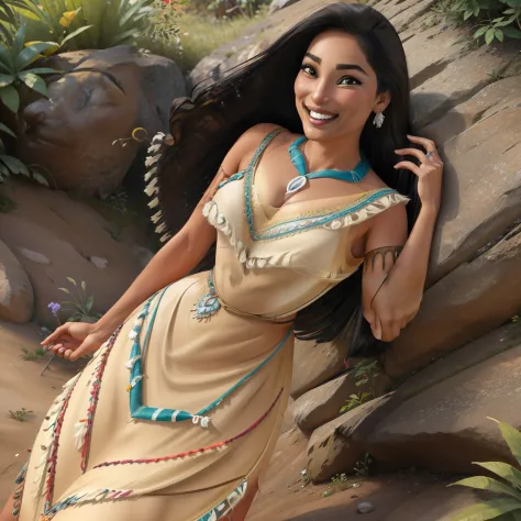 (pocahontaswaifu:1), sorriso, bonito, pose fofa, olhando para o espectador, coxas grossas, (tribal, vestido:1),

(realista: 1.2)...