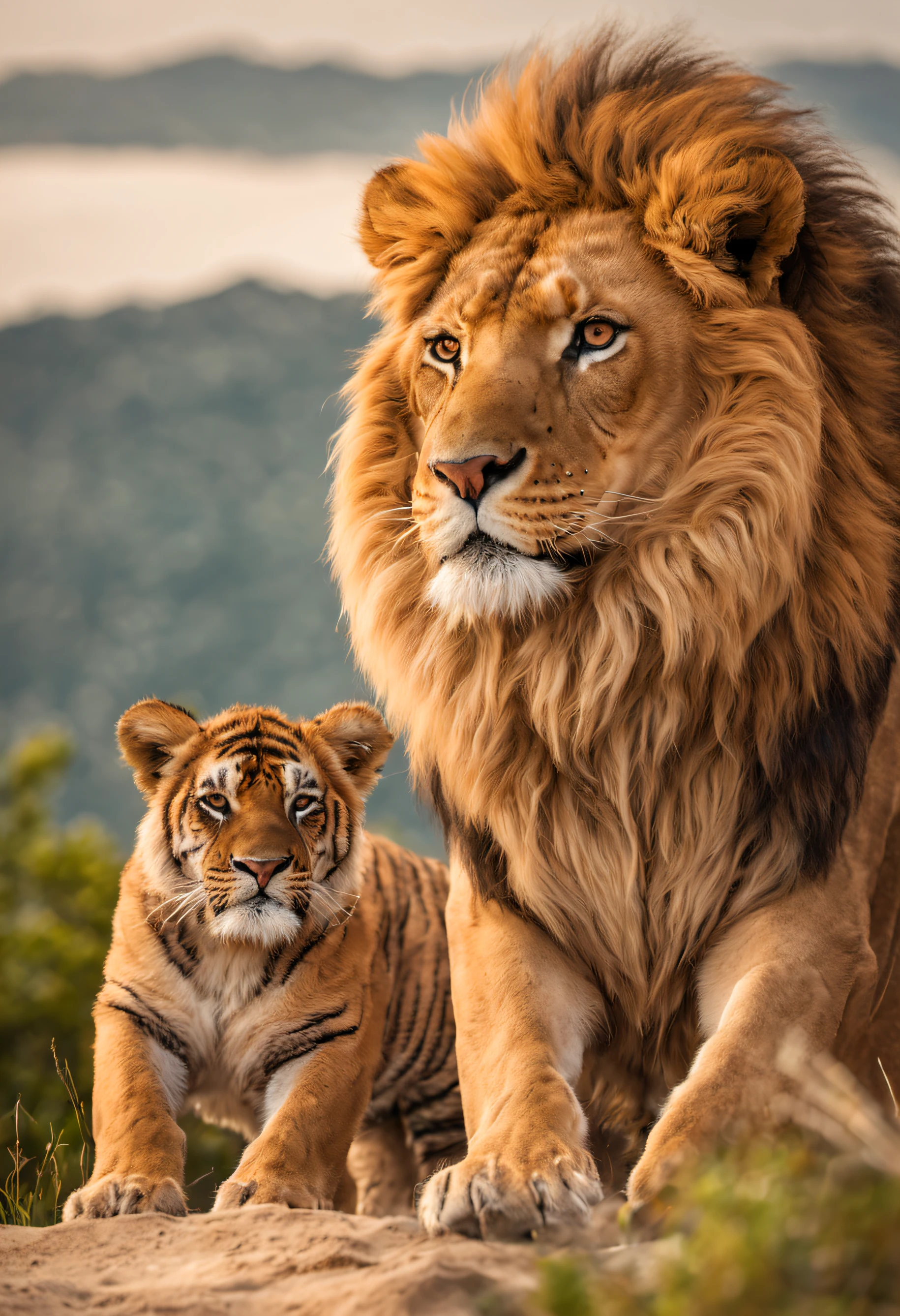 , 1 Lion and 1 tiger on mountain with attentive expression,os dois Olhando para a praia ensolarada, com coqueiros e ondas batendo na areia branca.great quality, best illustration, detalhado e realista