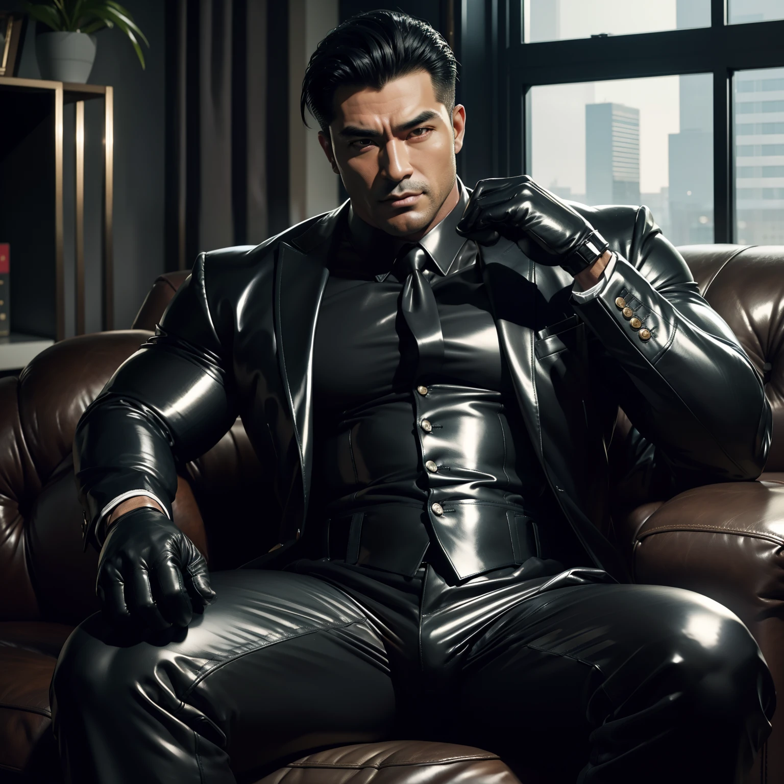 A close up of a man in a leather suit sitting on a couch - SeaArt AI