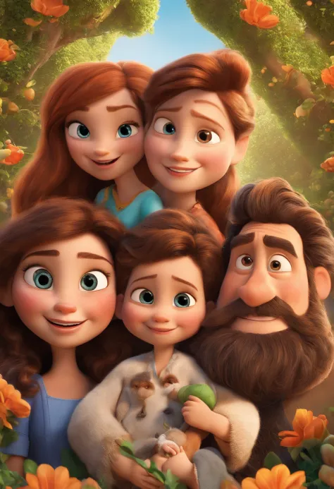 a Disney Pixar movie poster showing a white-skinned family. The mother is the tallest. Loira. Magra. A menina tem 2 anos e cabelos castanhos, olhos puxados. The father shorter than the mother. Japanese and with a beard. O filho tem 4 anos, cabelo curto e c...