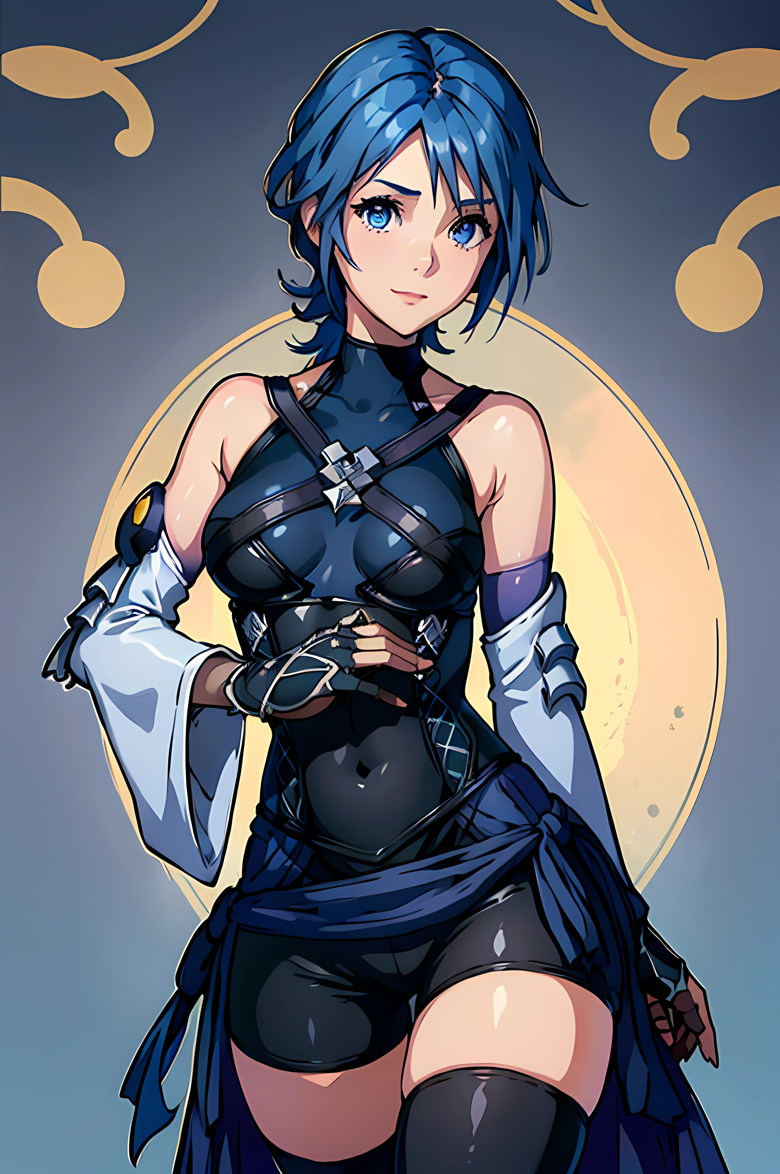 aaaqua, 1girl, absurdres, close up, portrait, view from the front, masterpiece, blue eyes, blue hair, breasts, chest strap, elbow gloves, gloves, highres, (skirt), (kingdom hearts), looking at viewer, transparent water floor, smile, solo, clear sky, open field, empty background, wide sleeves, medium breasts, detatched sleeves, black shorts , fingerless gloves, light background, (thighhighs), upper body