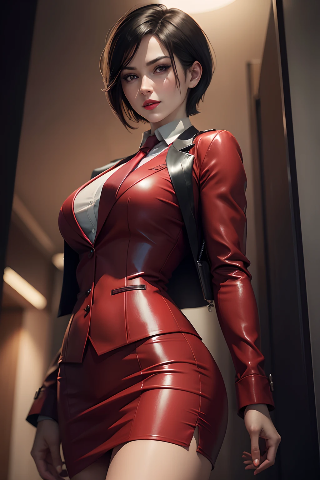 (absurdres, highres, ultra detailed), masterpiece, ada wong (resident evil), ((solo)), short hair, 1girl, skirt suit, business suit, three-piece suit, black pinstripe suit, waistcoat, red shirt, red necktie, bodycon skirt, miniskirt, closed mouth, standing, (((detailed lips))), ((realistic skin)), glowing skin, ((glossy red lips)), portrait, beautiful, smile, normal skin