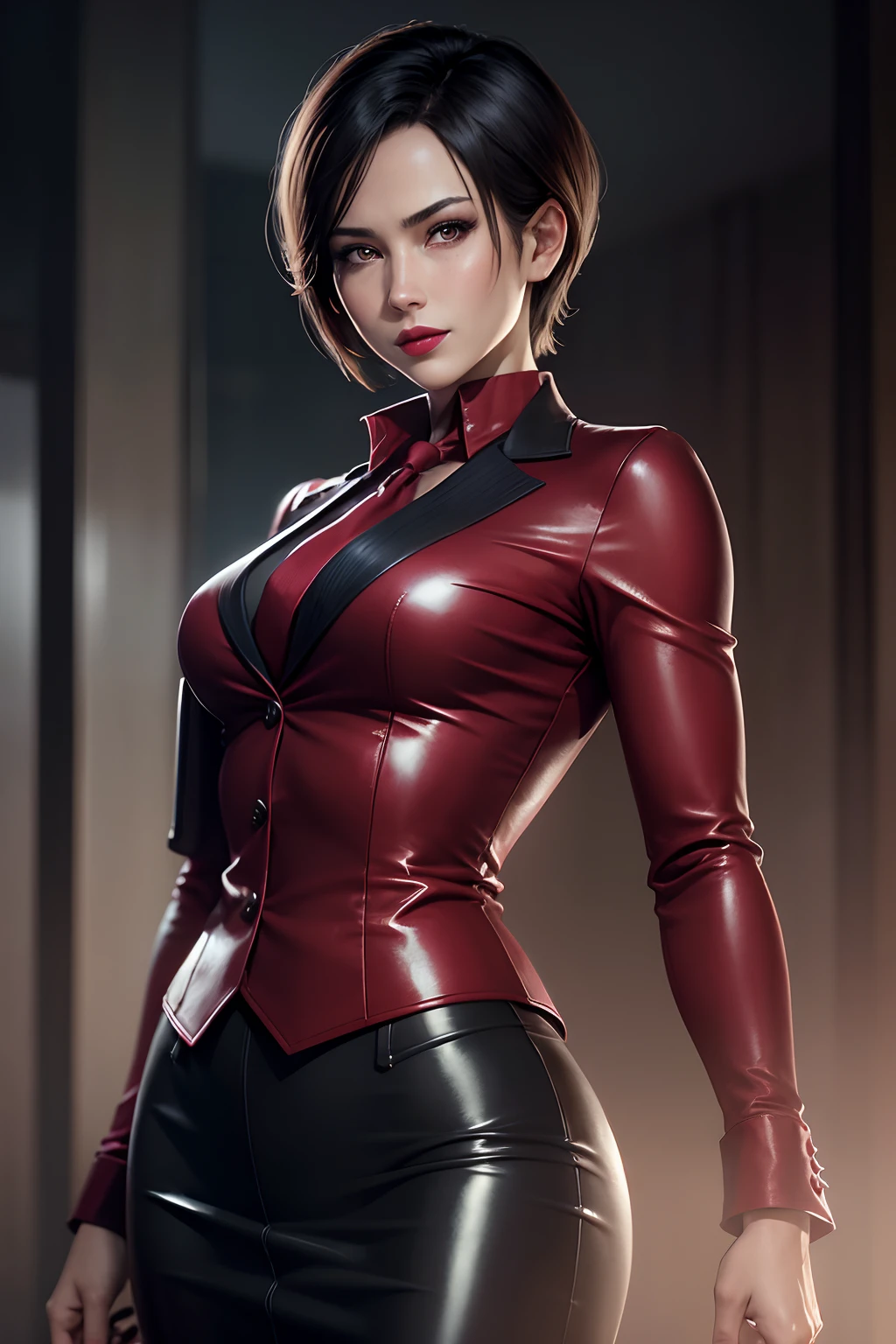 (absurdres, highres, ultra detailed), masterpiece, ada wong (resident evil), ((solo)), short hair, 1girl, skirt suit, business suit, three-piece suit, black pinstripe suit, waistcoat, red shirt, red necktie, bodycon skirt, miniskirt, closed mouth, standing, (((detailed lips))), ((realistic skin)), glowing skin, ((glossy red lips)), portrait, beautiful, smile, normal skin