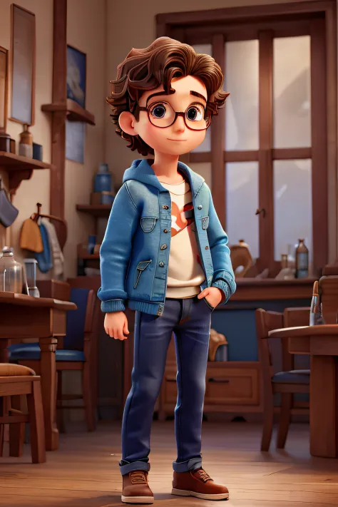 a boy. wavy hair. holding a glass jar. wearing rounded glasses. jeans jacket