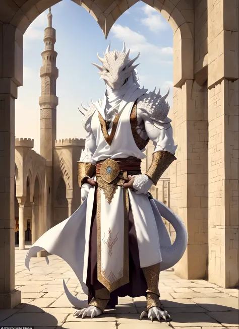 white dragonborn, solo, male, standing, full body, male focus, horns, Arabic clothes, vambraces, facing viewer, claws, scimitar ...