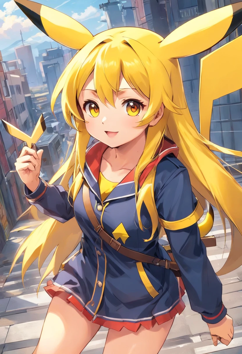 A woman in a blue and yellow outfit holding a pokemon sword - SeaArt AI