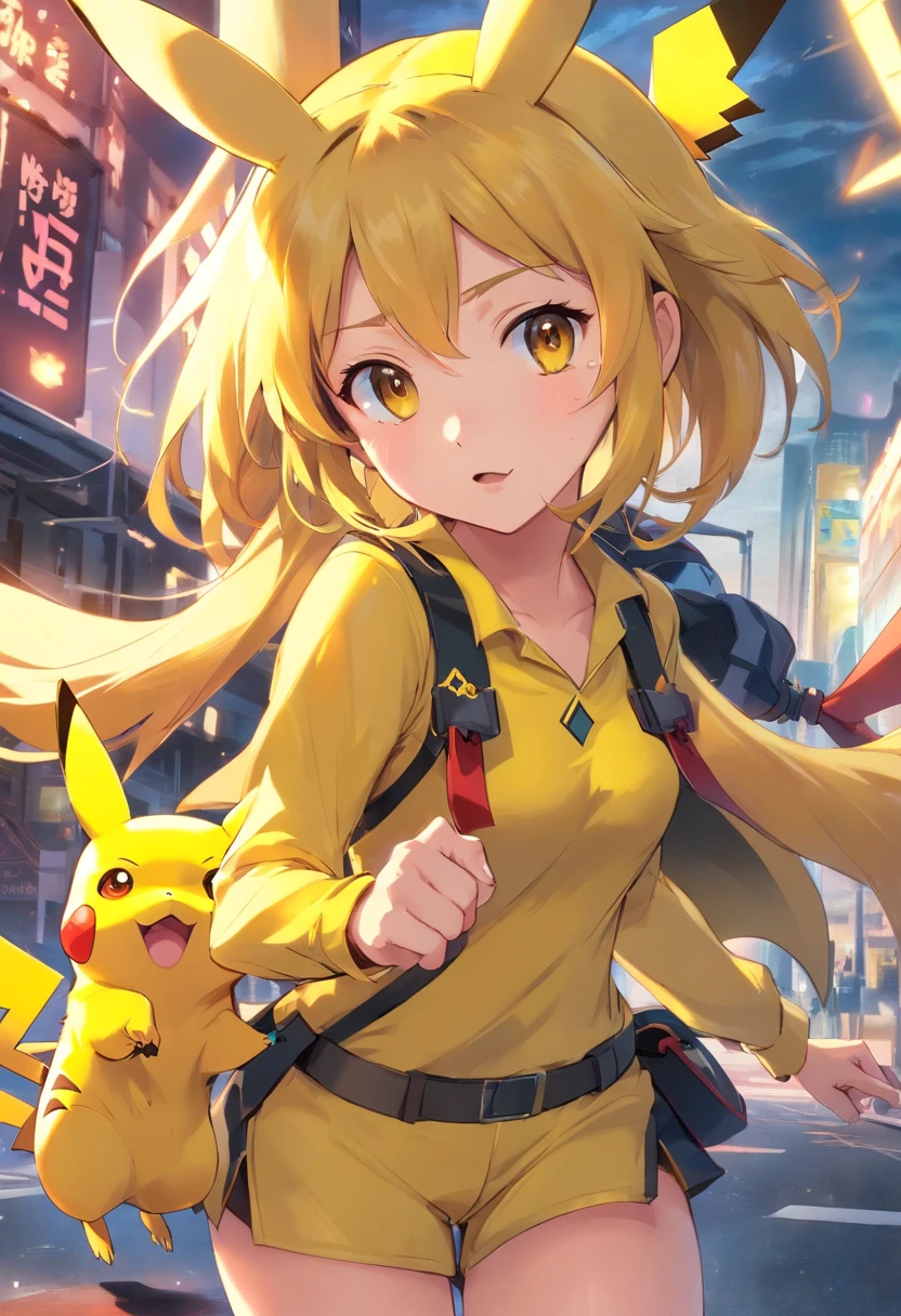 A woman in a yellow shirt and shorts holding a pokemon pikachu - SeaArt AI