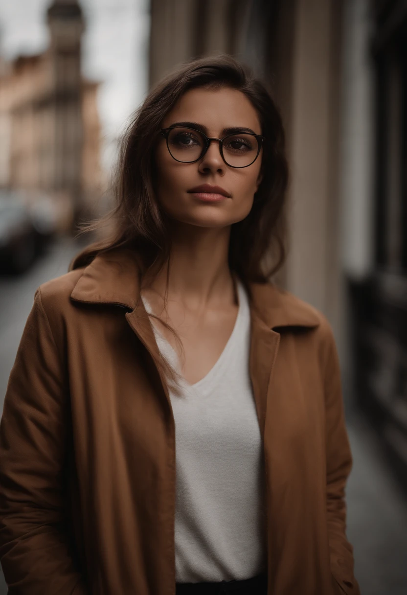 Brown haired girl in glasses, semblante triste, olhos castanhos, There are skin-colored bios, o Brown Glasses, jaqueta preta, black legging pants, Gray sports sneakers with white.