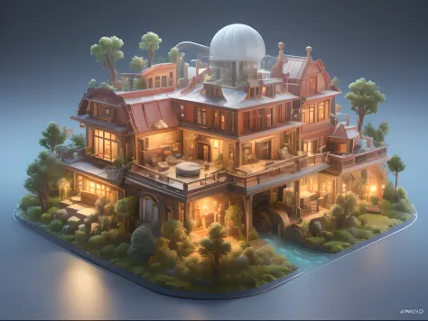 anime style house with a stream running through it, peaceful wooden mansion, highly detailed scene, incredibly high detailed, hi...