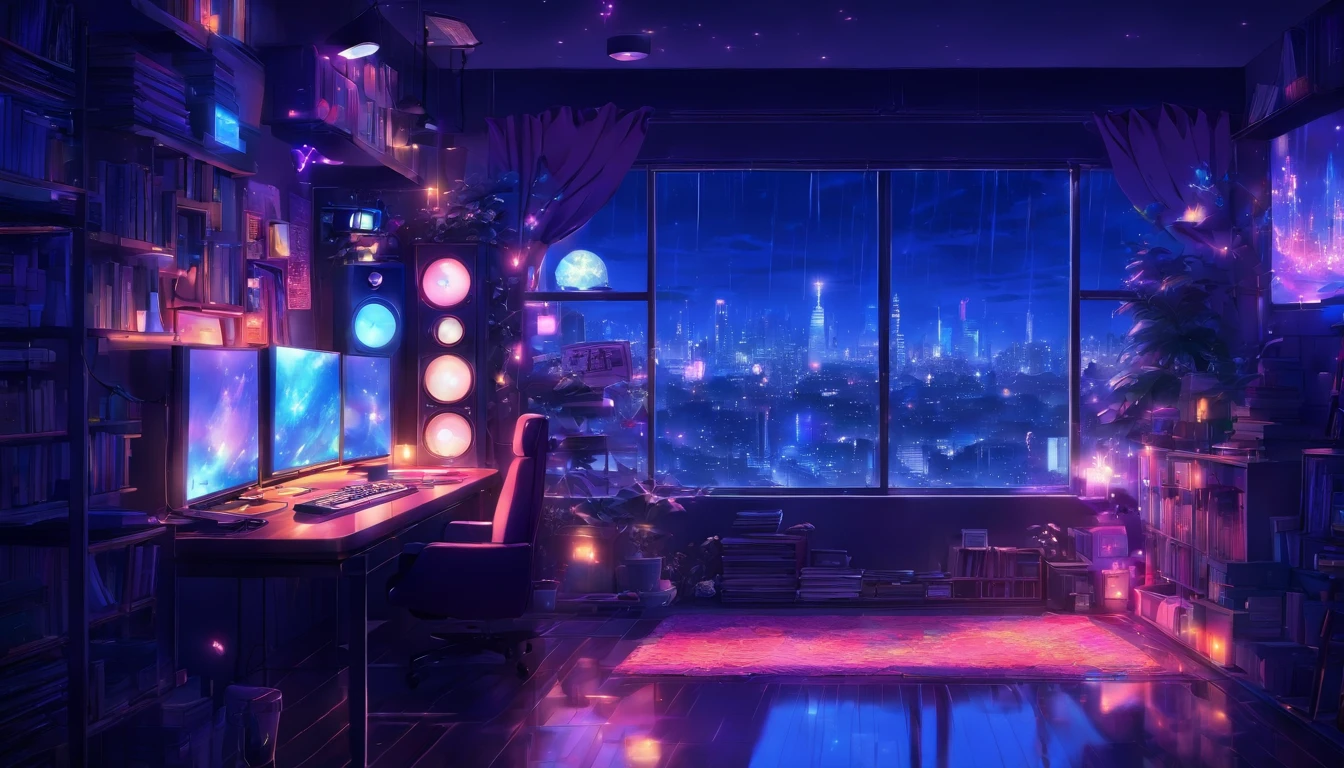 Music study room,dim room, evening, computer, keyboard, auricular, Monitor the speaker, Small Lights, bottom, sofa, rain, night sky, night city, absurdities, A high resolution, ultrasharp, 8k, masterpiece