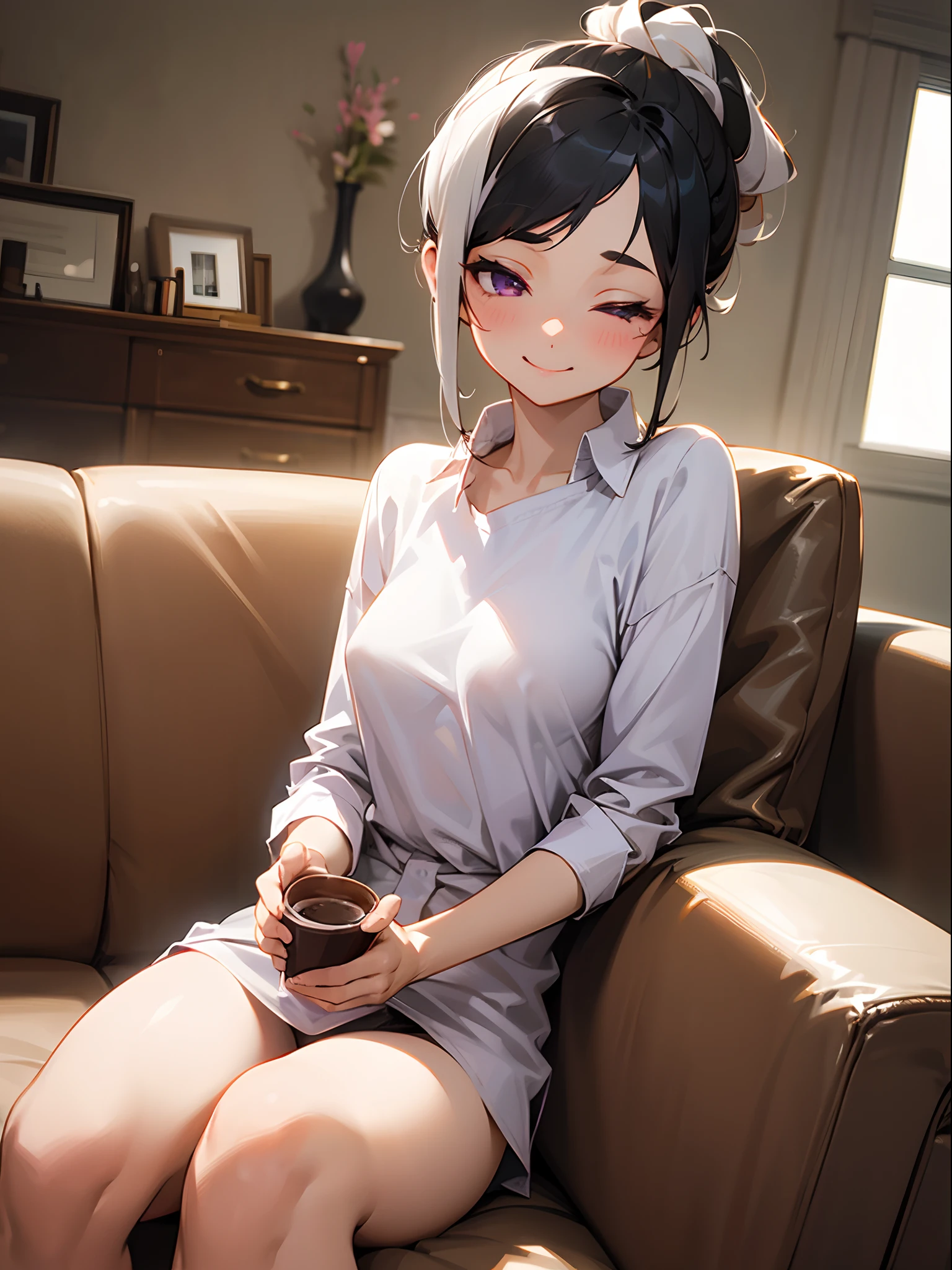 Anime girl sitting on a couch holding a cup of coffee - SeaArt AI