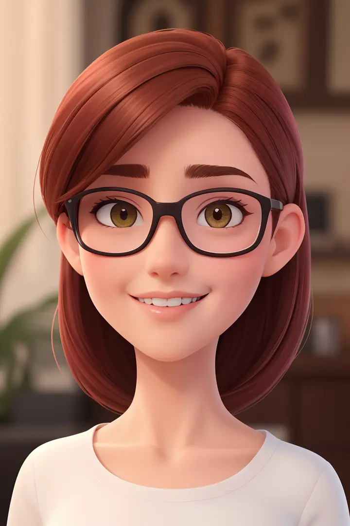Uma mulher de 18 anos, com longos cabelos castanhos, Rosto redondo, sorriso encantador, e olhos castanhos, wearing glasses.