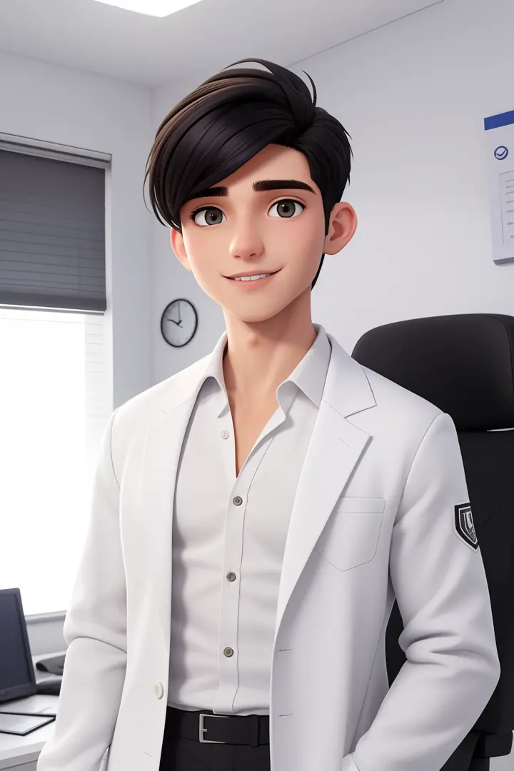 Um homem de 21 anos, com cabelos preto cacheados curto, face mais hamonica, olhar aberto, e olhos castanhos, Wearing a white coat in his office