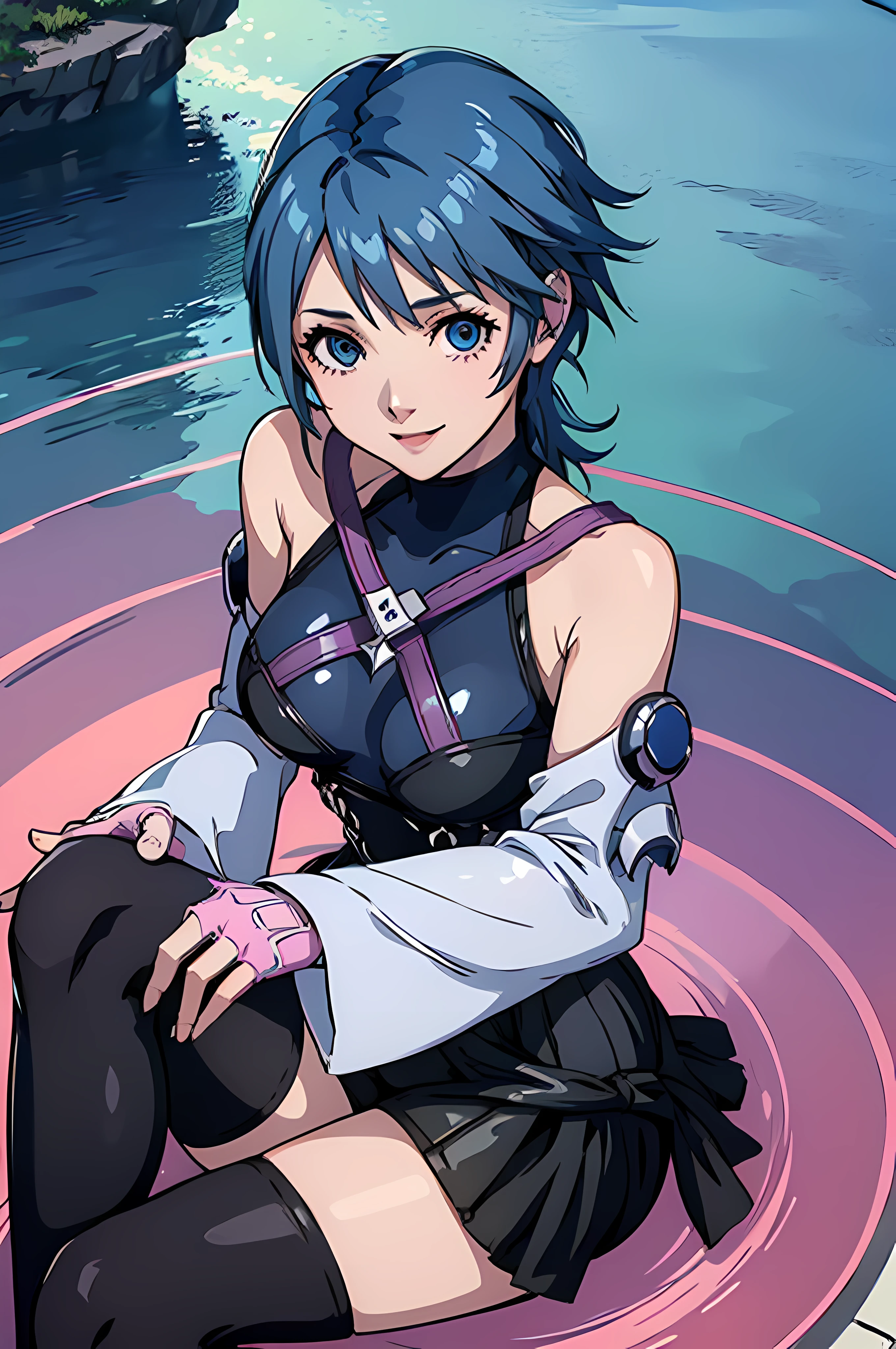 Anime girl sitting in water with blue hair and black outfit - SeaArt AI