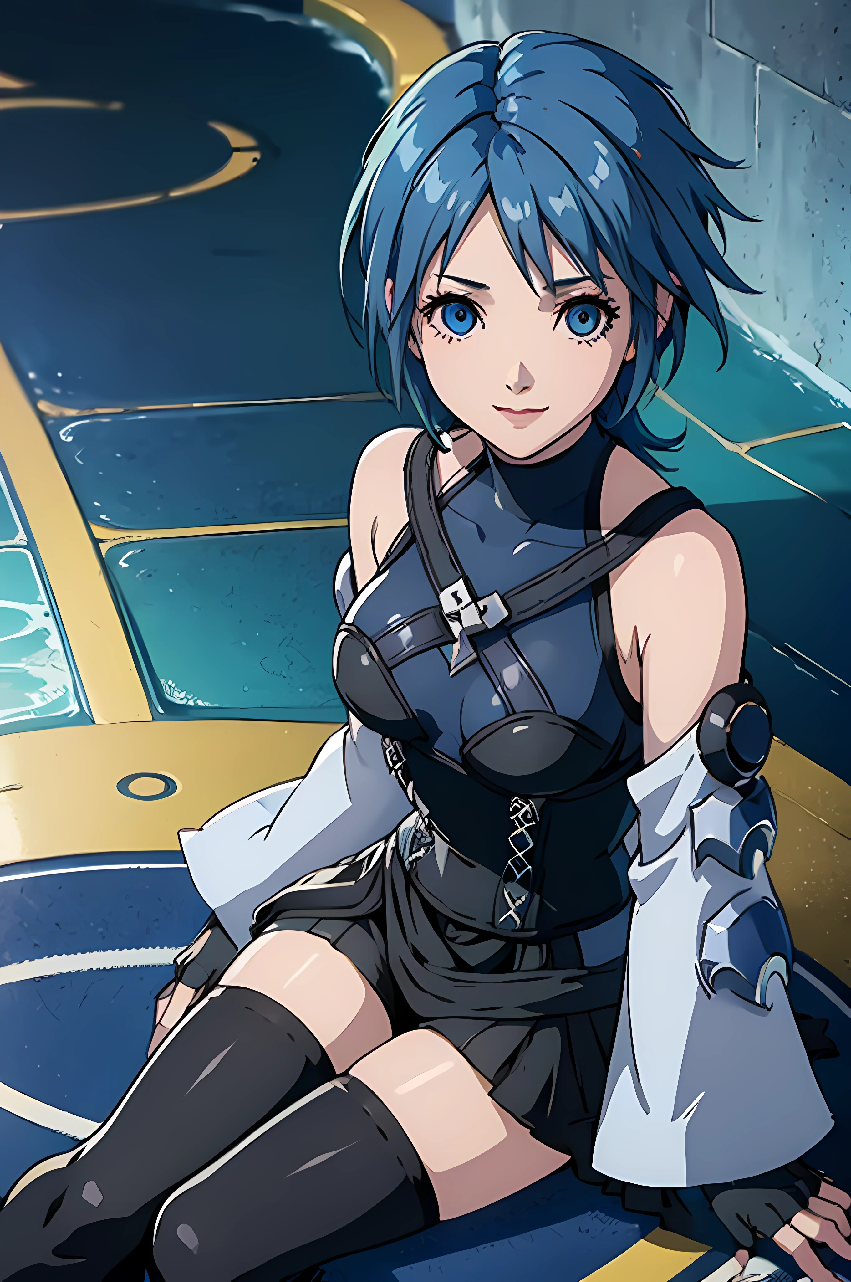 aaaqua, 1girl, absurdres, masterpiece, blue eyes, blue hair, breasts, chest strap, elbow gloves, gloves, highres, (skirt), (kingdom hearts), looking at viewer, transparent water floor, smile, solo, clear sky, open field, empty background, wide sleeves, medium breasts, detatched sleeves, black shorts , fingerless gloves, light background, (thighhighs), sitting on the floor, view from the above, dymanic view