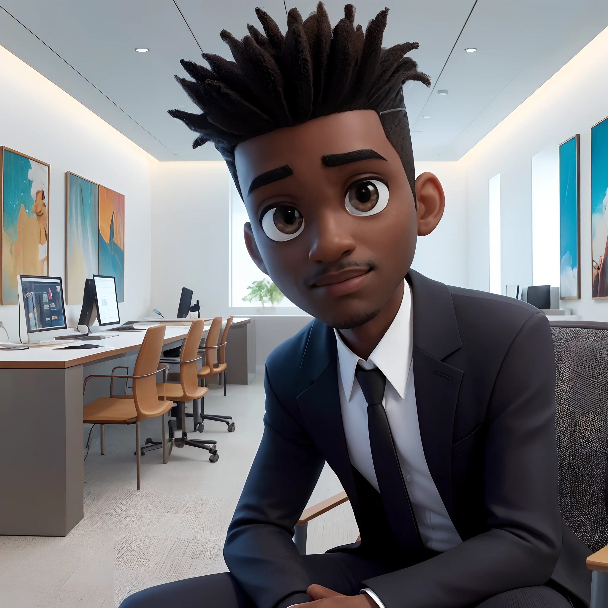 Un póster de película en 3D al estilo Disney-Pixar de un hombre negro con un peinado desnudo en la parte superior, desvaneciéndose gradualmente en los lados, ojos marrones brillando, y una ligera barba. Él está vestido con traje formal., vistiendo pantalones negros y una camisa blanca. El esta en un espacioso, oficina moderna y bien iluminada con hermosas pinturas contemporáneas en la pared. El hombre está sentado en una silla de oficina., trabajando en una computadora. Hay un teléfono inteligente en el escritorio a su lado.. La vista gran angular captura todo su cuerpo., mostrándolo usando un par de botas Nike Jordan. La imagen es muy detallada., Realista, y de alta calidad.