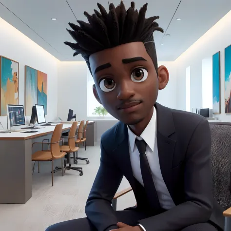 A 3D movie poster in Disney-Pixar style of a Black man with a nudred hairstyle on top, gradually fading on the sides, brown eyes...