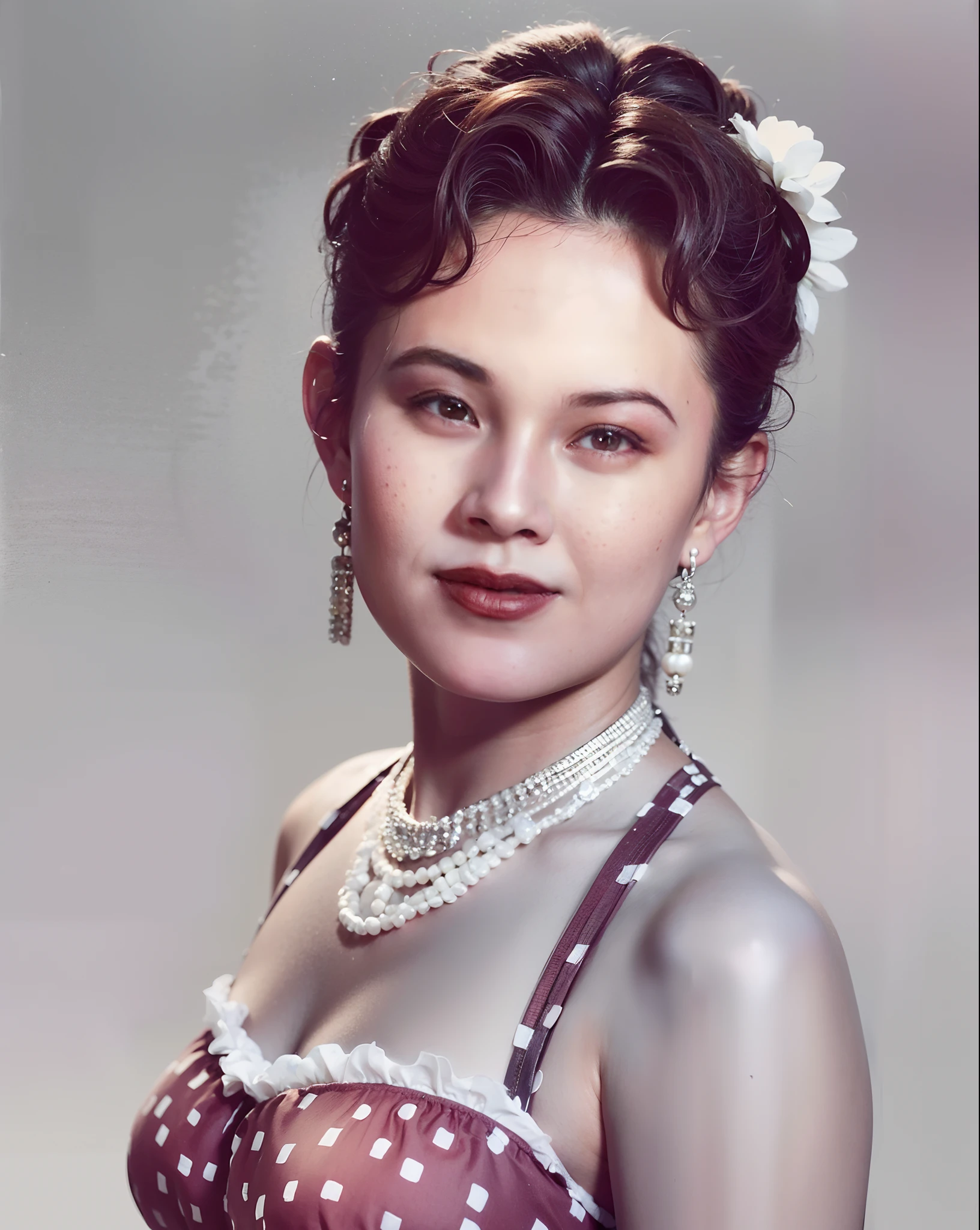 arafed woman in a polka dot dress with pearls and a pearl necklace, color studio portrait, old color photo, old color photograph, a colorized photo, vintage color photo, portrait of modern darna, restored photo, colorized photo, restored color, hand - tinted, in her early 20s, 1950s photograph, colorized background, unknown location, 8k portrait, detailed intricate fabric texture, (charcoal black theme:1.3), spiral patterns, body freckles, bright, high quality image, masterpiece, detailed hair texture, detailed skin texture, detailed cloth texture, 8k, add fabric details, ultra detailed skin texture, ultra detailed photo, skin pores, cloth details, high skin details, realistic hair details, (8K, RAW photo, best quality, masterpiece:1.2), (realistic, photo-realistic:1.4), ultra-detailed (grainy:0.2)