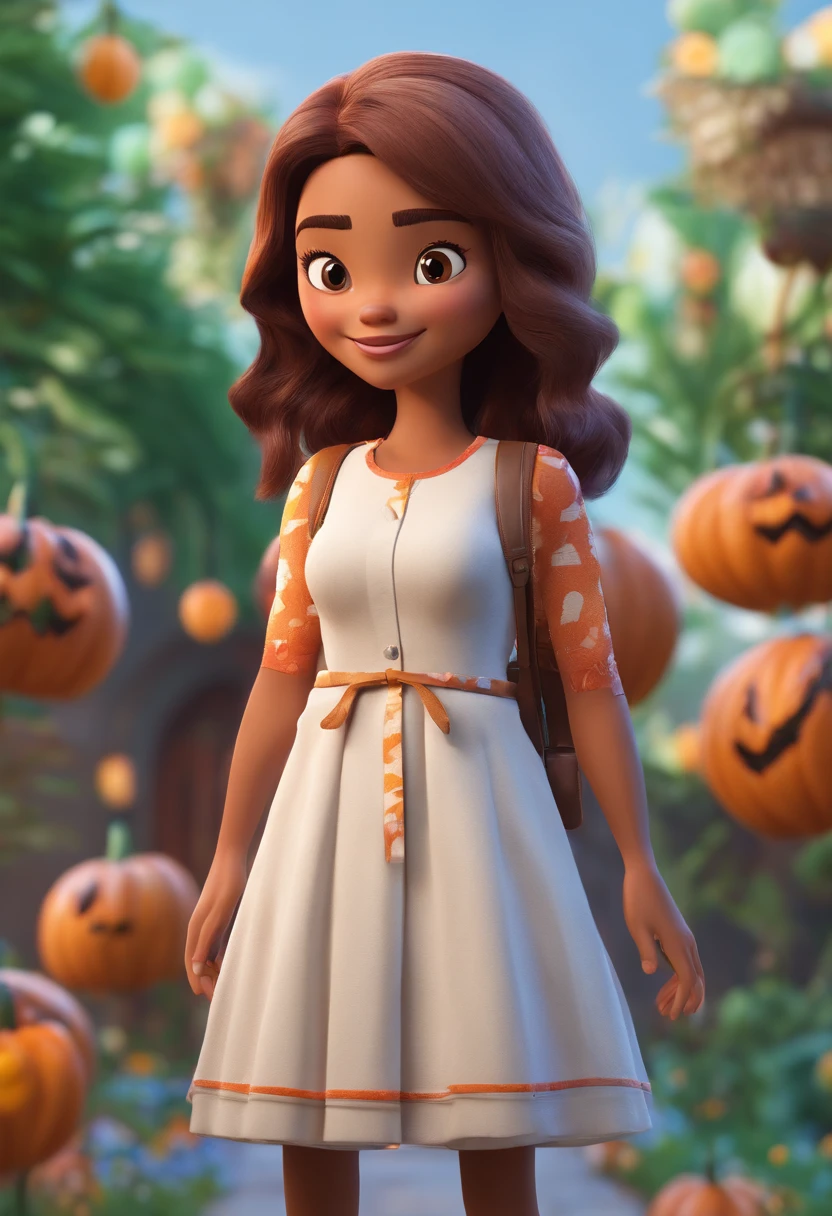 A girl in a white dress and orange shoes stands in front of pumpkins -  SeaArt AI