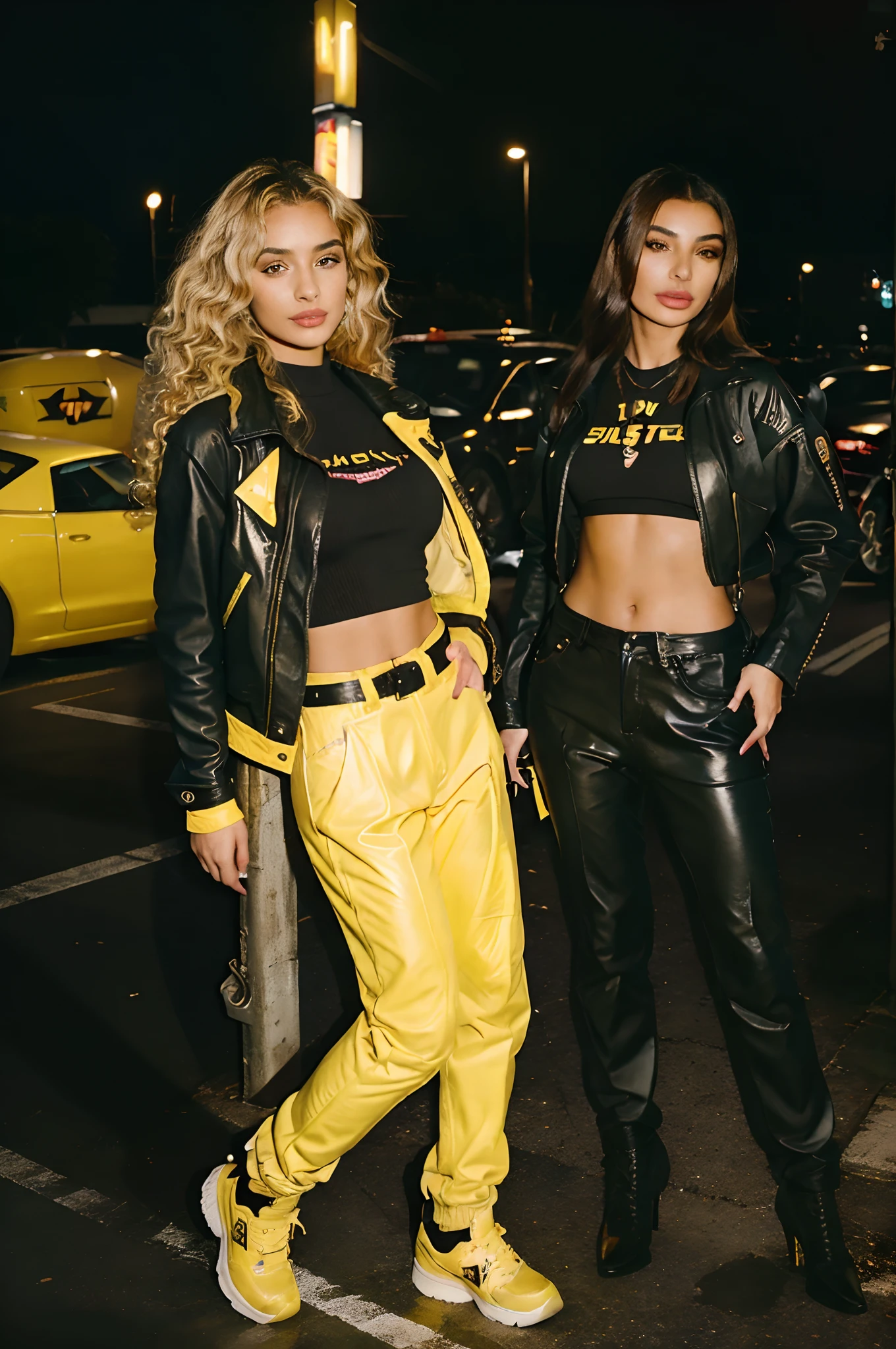 Two women in leather outfits standing on a city street - SeaArt AI