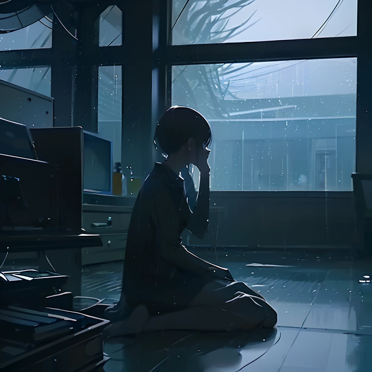 Interior oscuro,Mujer sin rostro,sentado frente a una computadora,artístico,lluvia fuera de la ventana,1 persona,largo