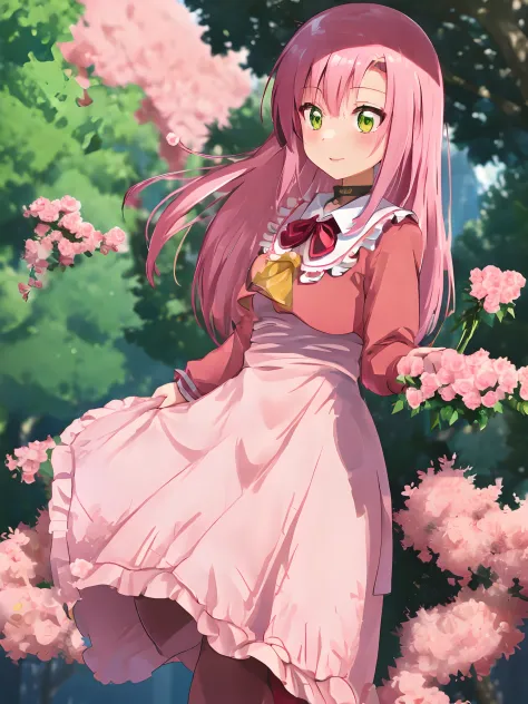(realisticlying,Painting_Style,)A MILF, 1girl in, 独奏, amelia watson, Virtual Youtuber,A pink-haired, Green eyes, a choker, florals, length hair, realisticeyes, tilt of the head, Self-righteous, up looking_で_viewer, Skysky, mont, plein air, ​​clouds, bangss...