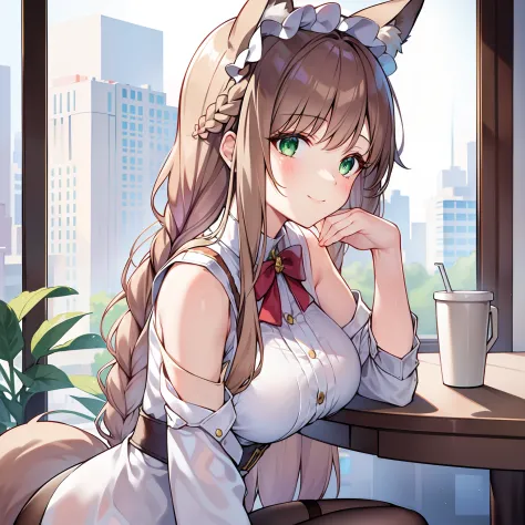 masterpiece, best quality, high resolution, 1girll, solo, oversized fox tail，green eyes，(long brown hair_sideways french braided...