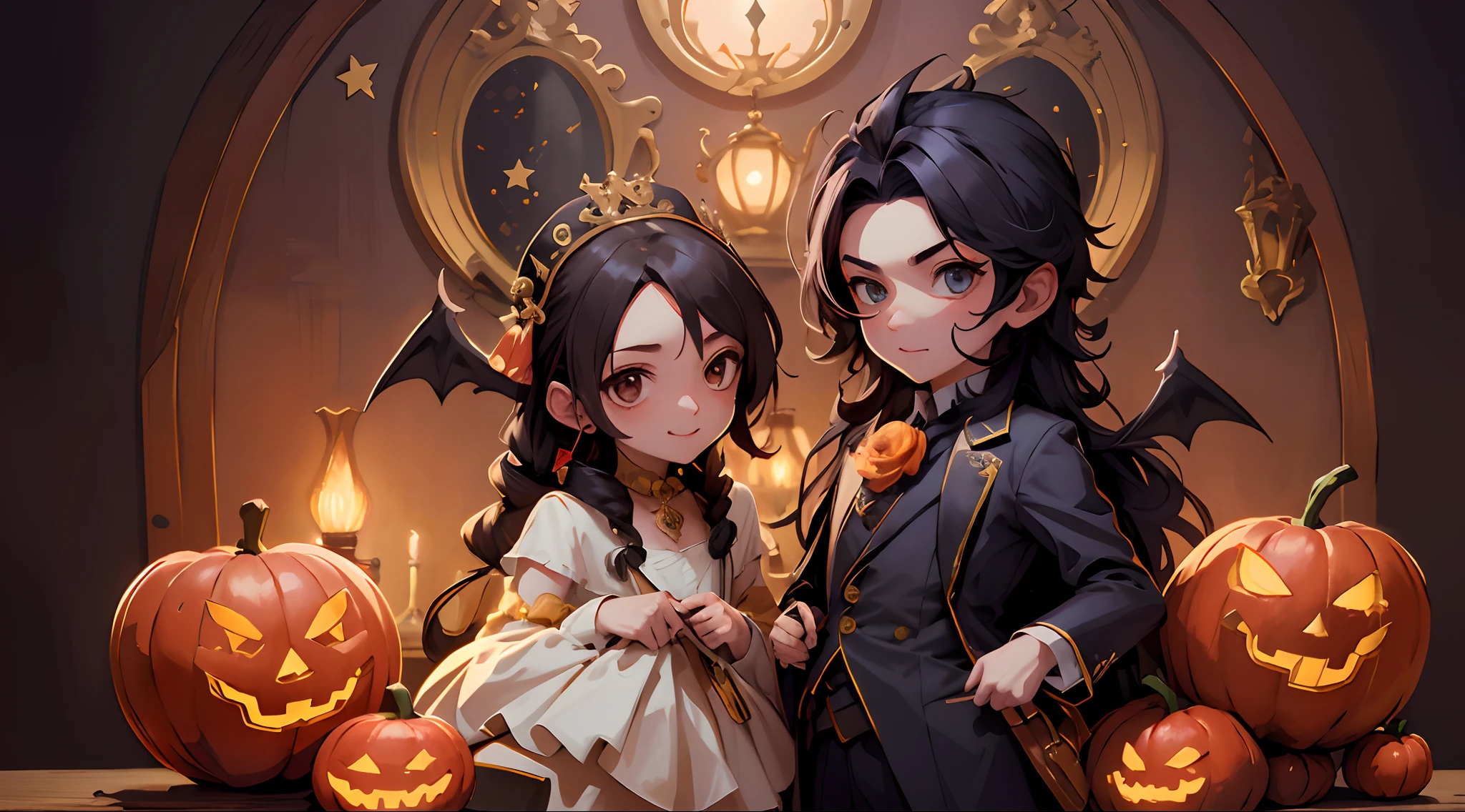 (masterpiece), (((highest quality)), (hightly detailed), create a cute Halloween Illustration of two vampires in love, epic artwork, high illumination, neo victorian, magical aura